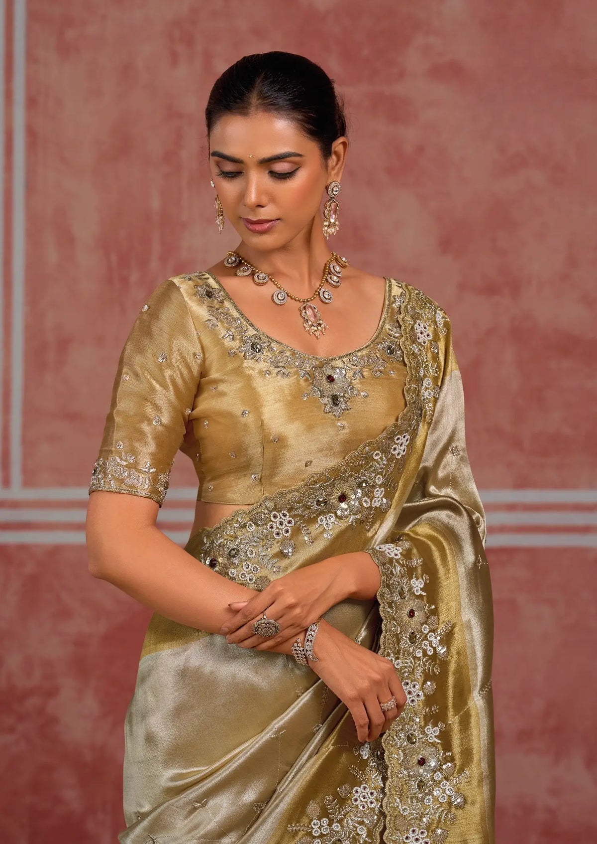 Golden-Silver Silk Heavy Embroidery Saree
