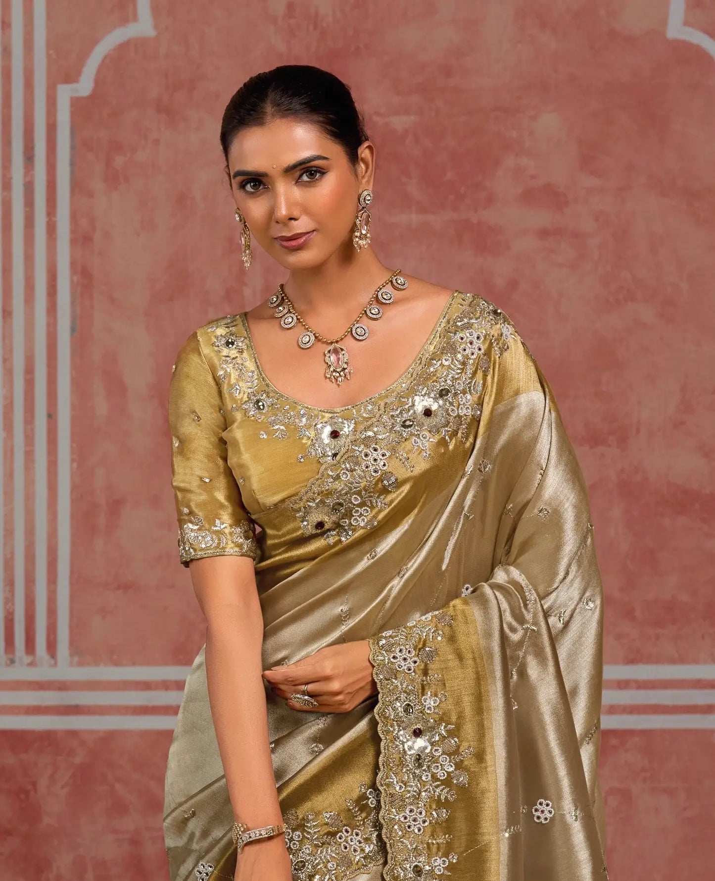 Golden-Silver Silk Heavy Embroidery Saree