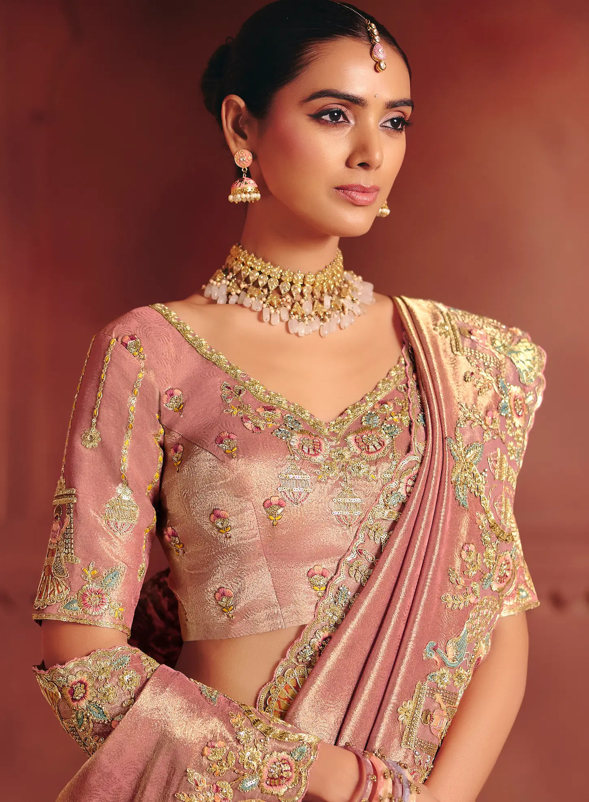 Rose Pink Zari Silk Heavy Embroidery Saree