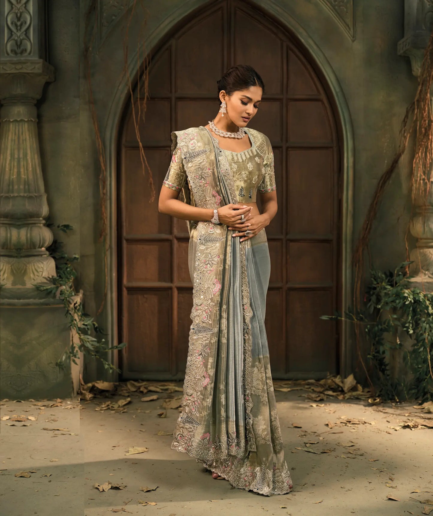 Steel Grey Silk Heavy Embroidery Saree