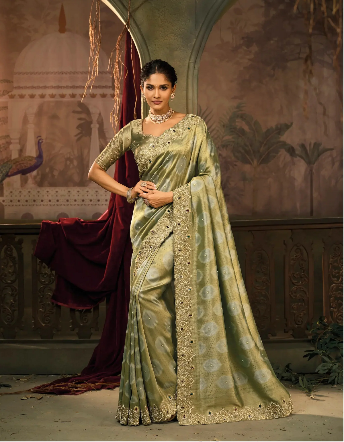 Olive Green Silk Heavy Embroidery Saree