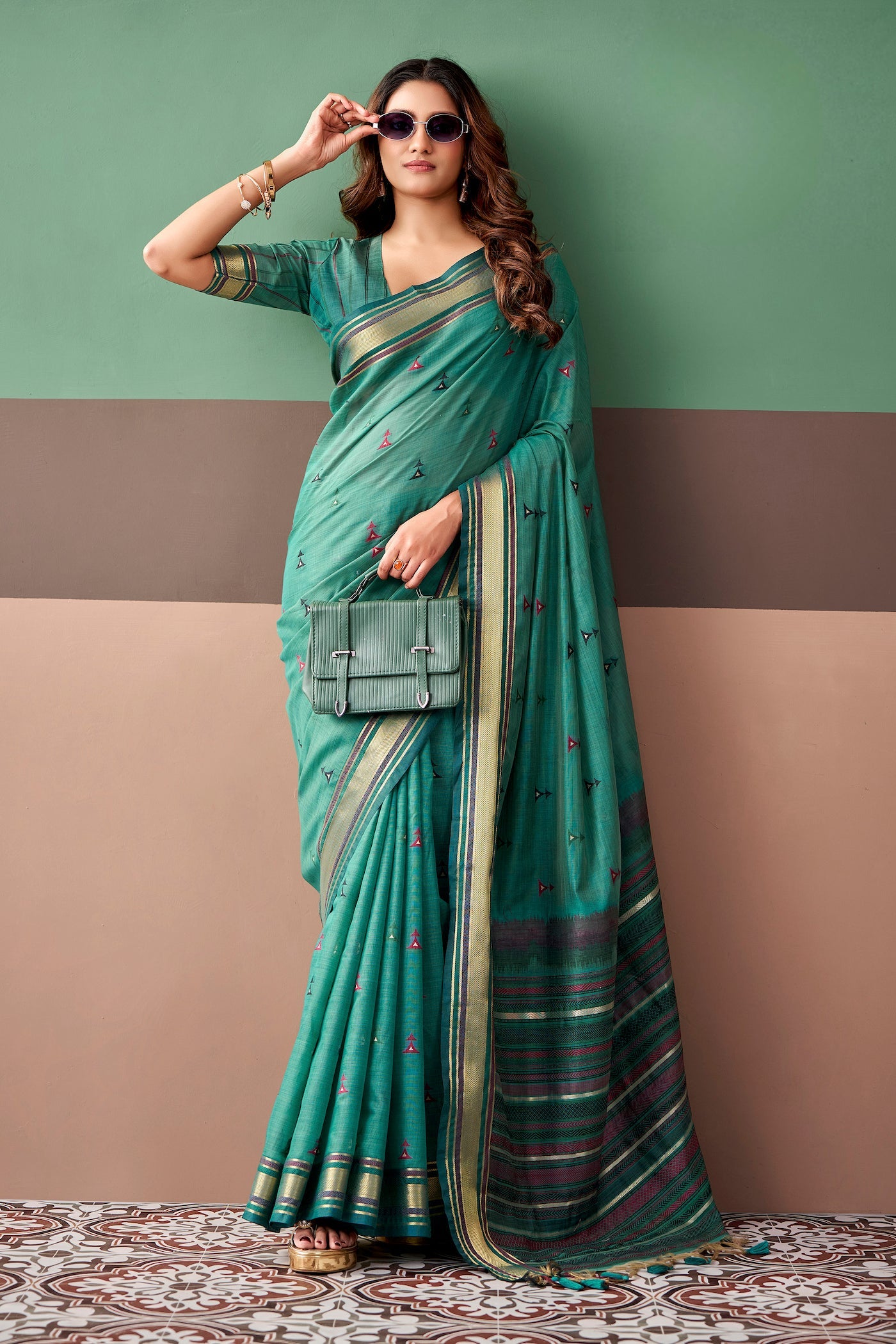 Turquoise Green Cotton Weaving Saree