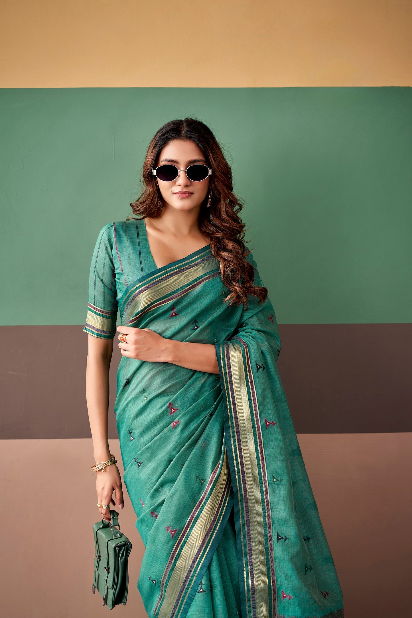 Turquoise Green Cotton Weaving Saree