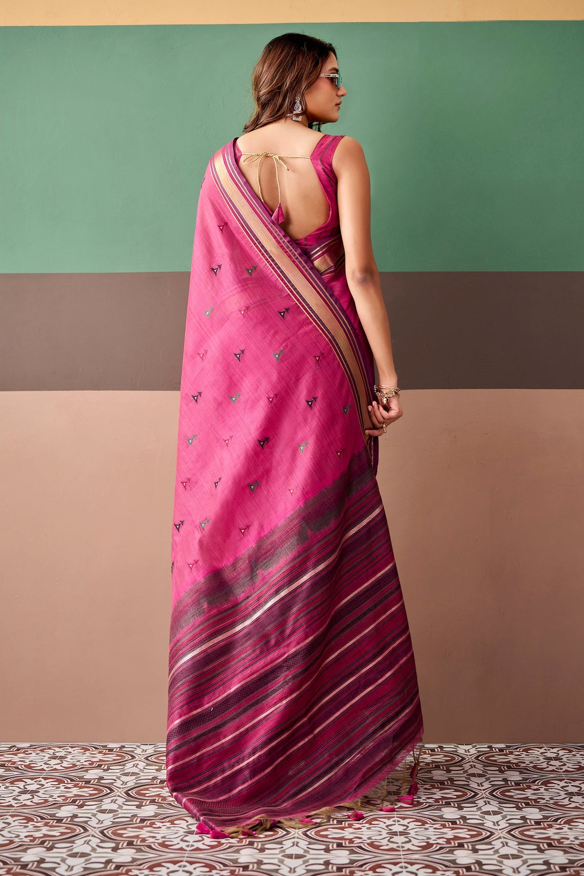 Hot Pink Cotton Weaving Saree