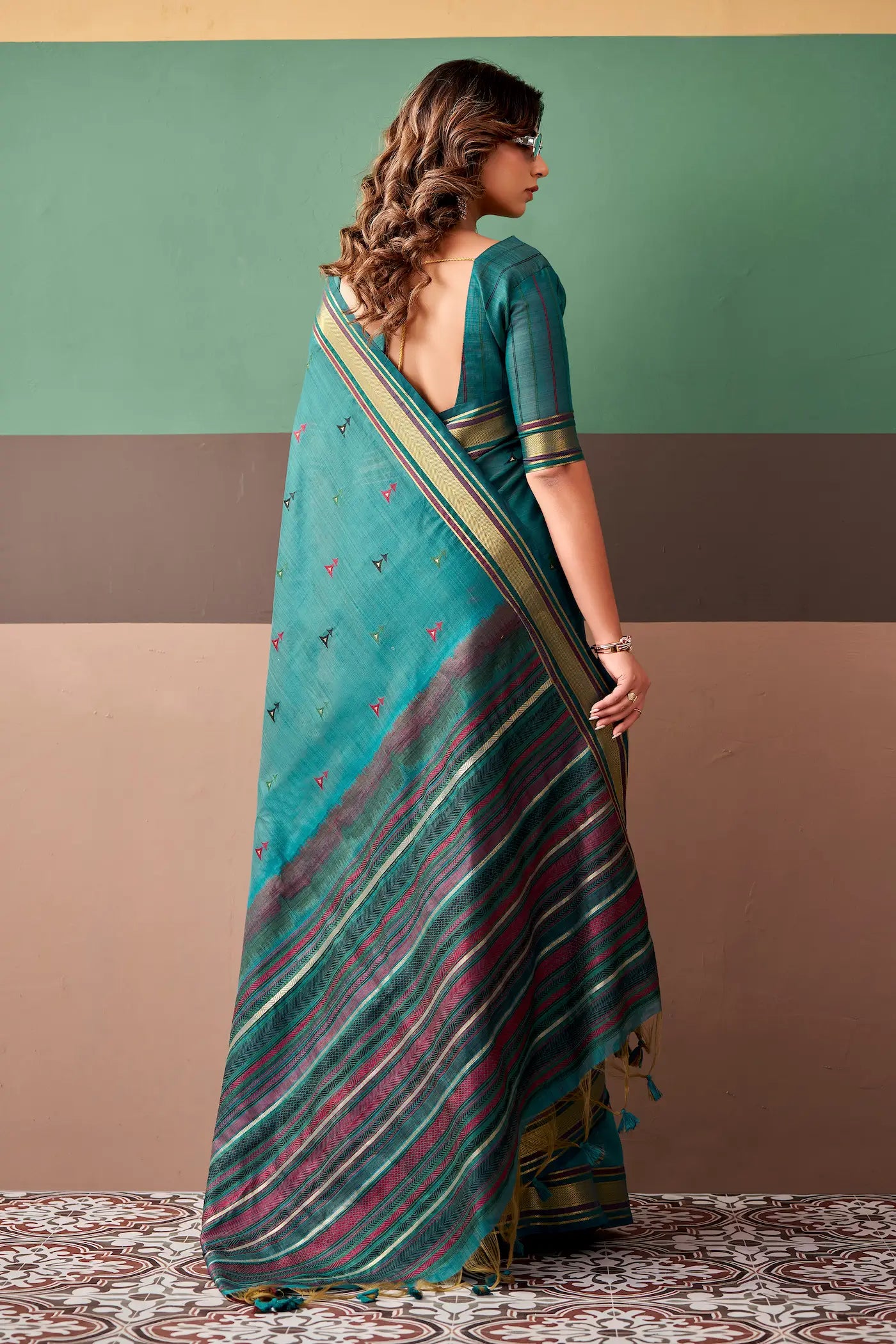 Teal Blue Cotton Weaving Saree
