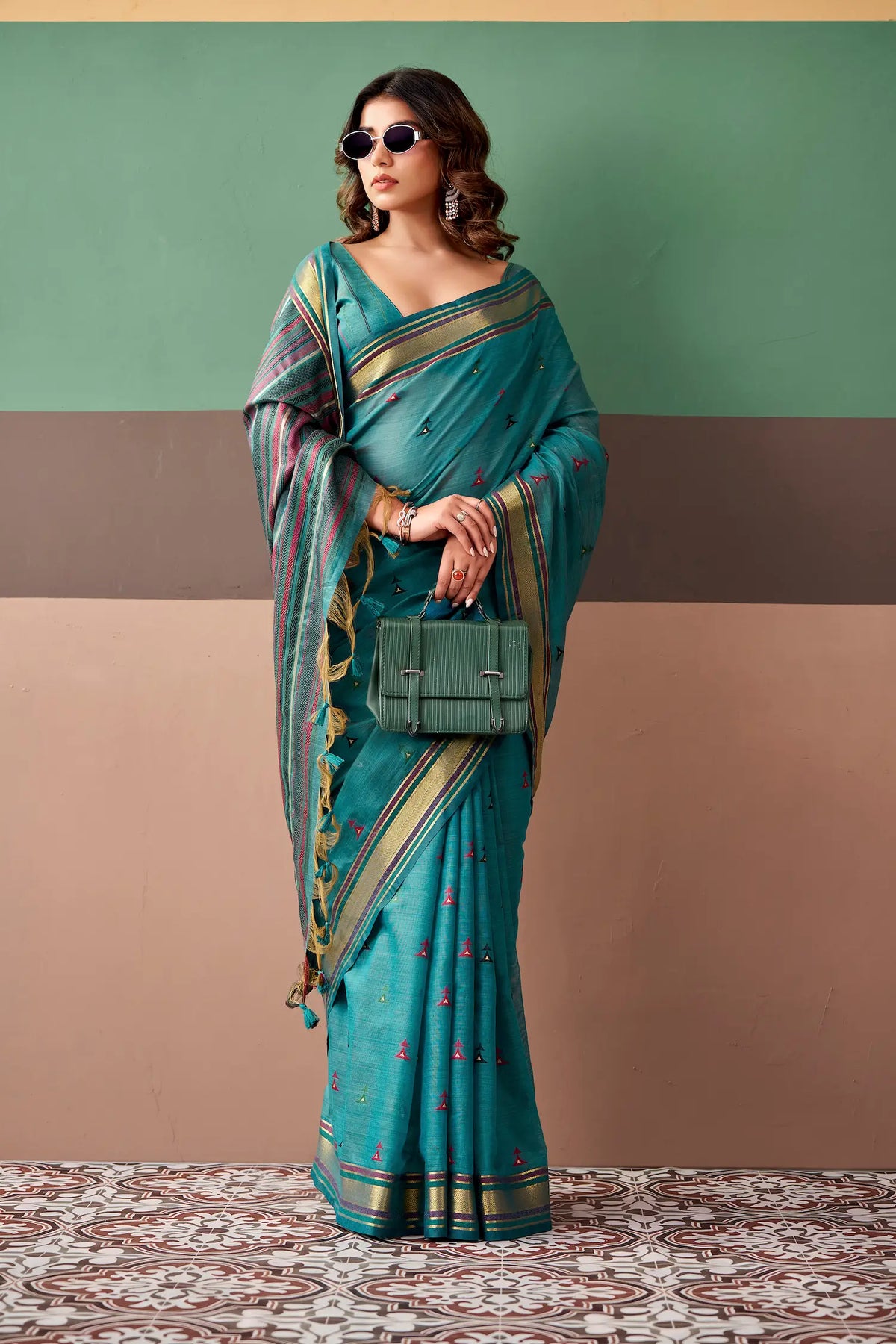 Teal Blue Cotton Weaving Saree