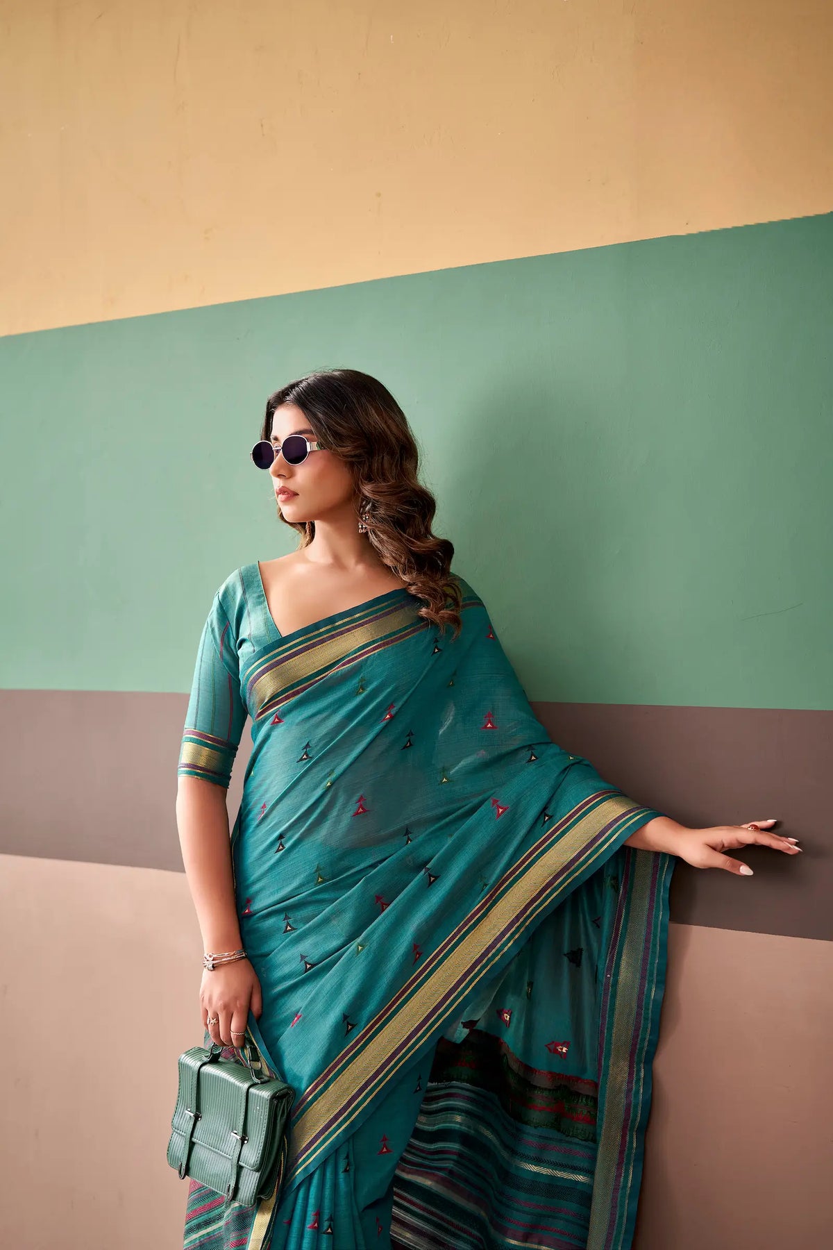 Teal Blue Cotton Weaving Saree
