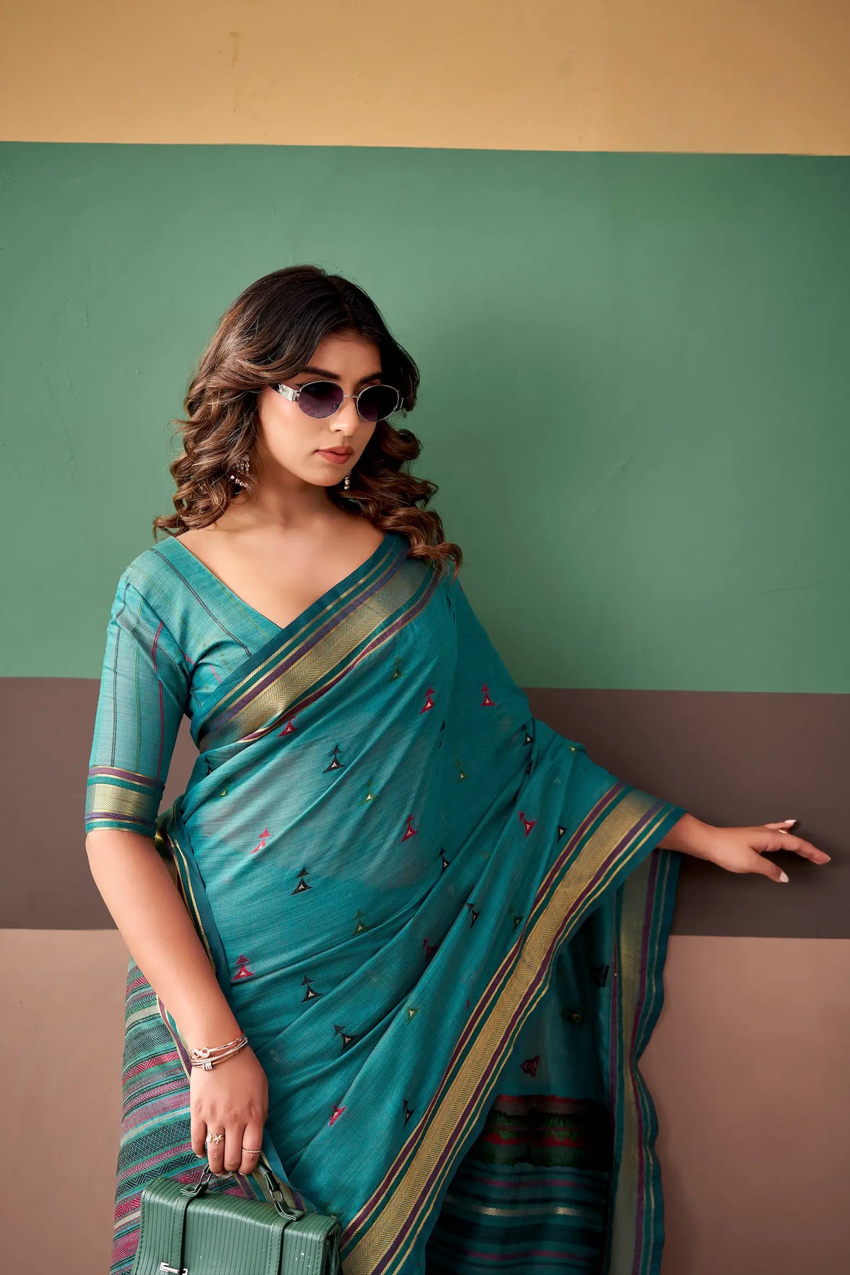 Teal Blue Cotton Weaving Saree