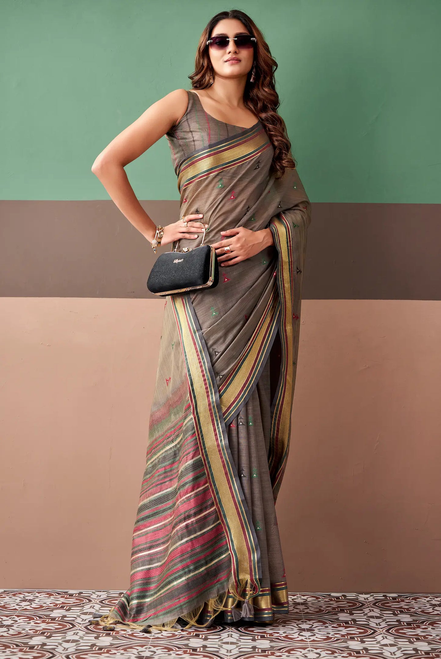 Taupe Grey Cotton Weaving Saree