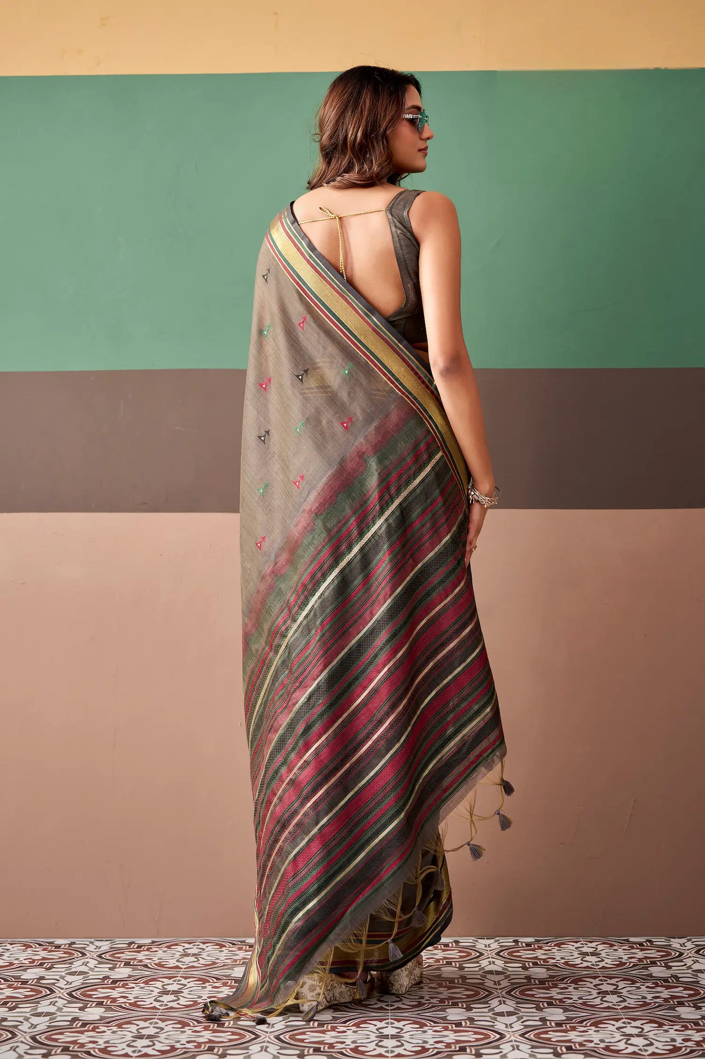 Taupe Grey Cotton Weaving Saree