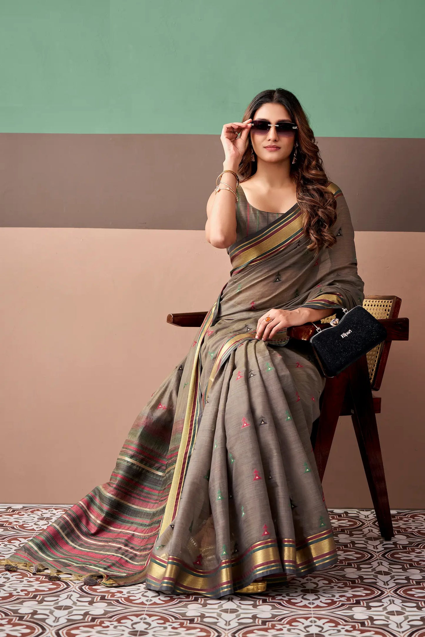 Taupe Grey Cotton Weaving Saree