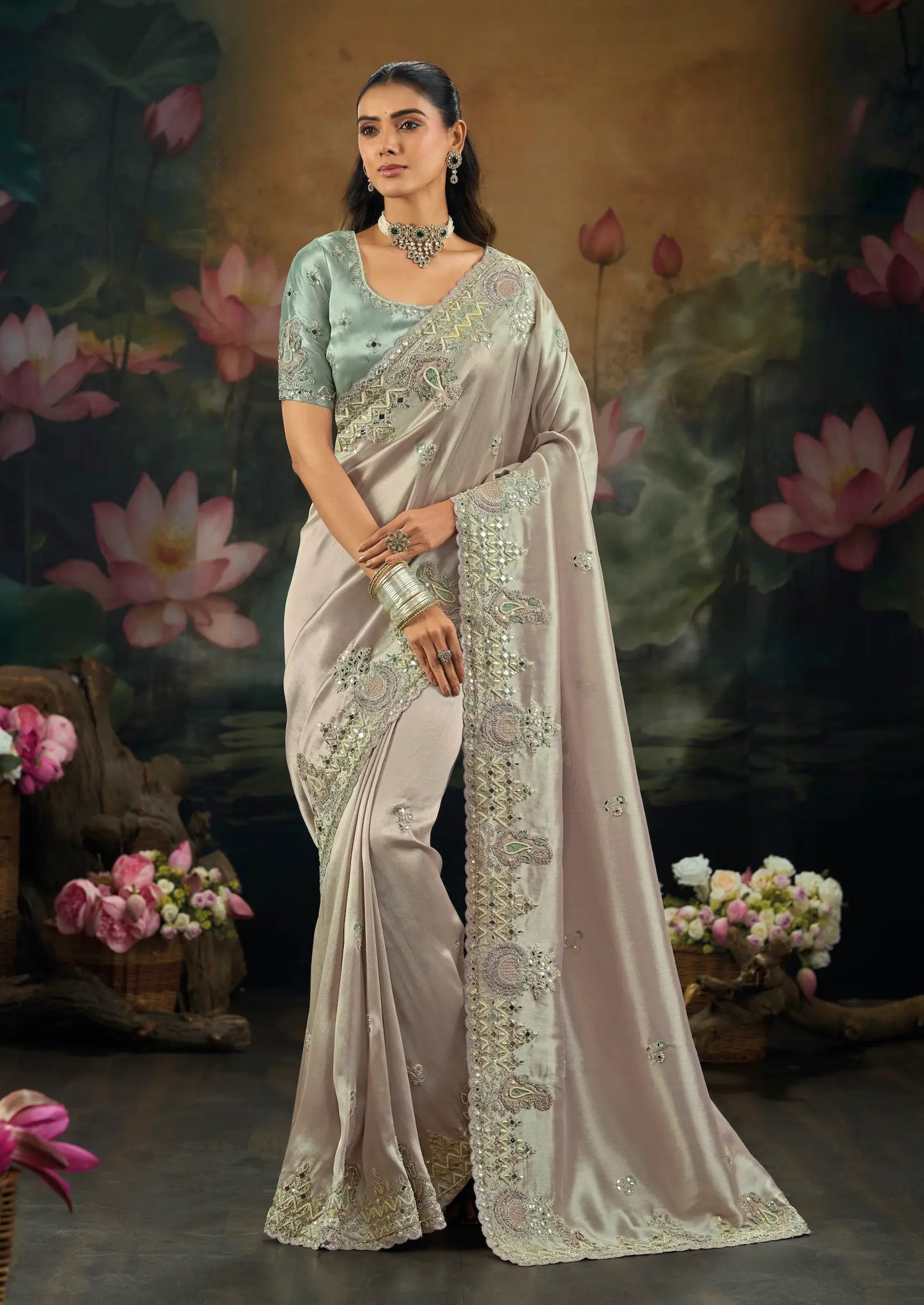 Lavender Silk Heavy Embroidery Saree