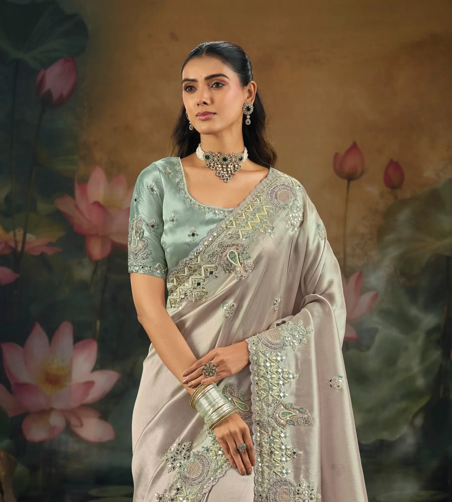 Lavender Silk Heavy Embroidery Saree