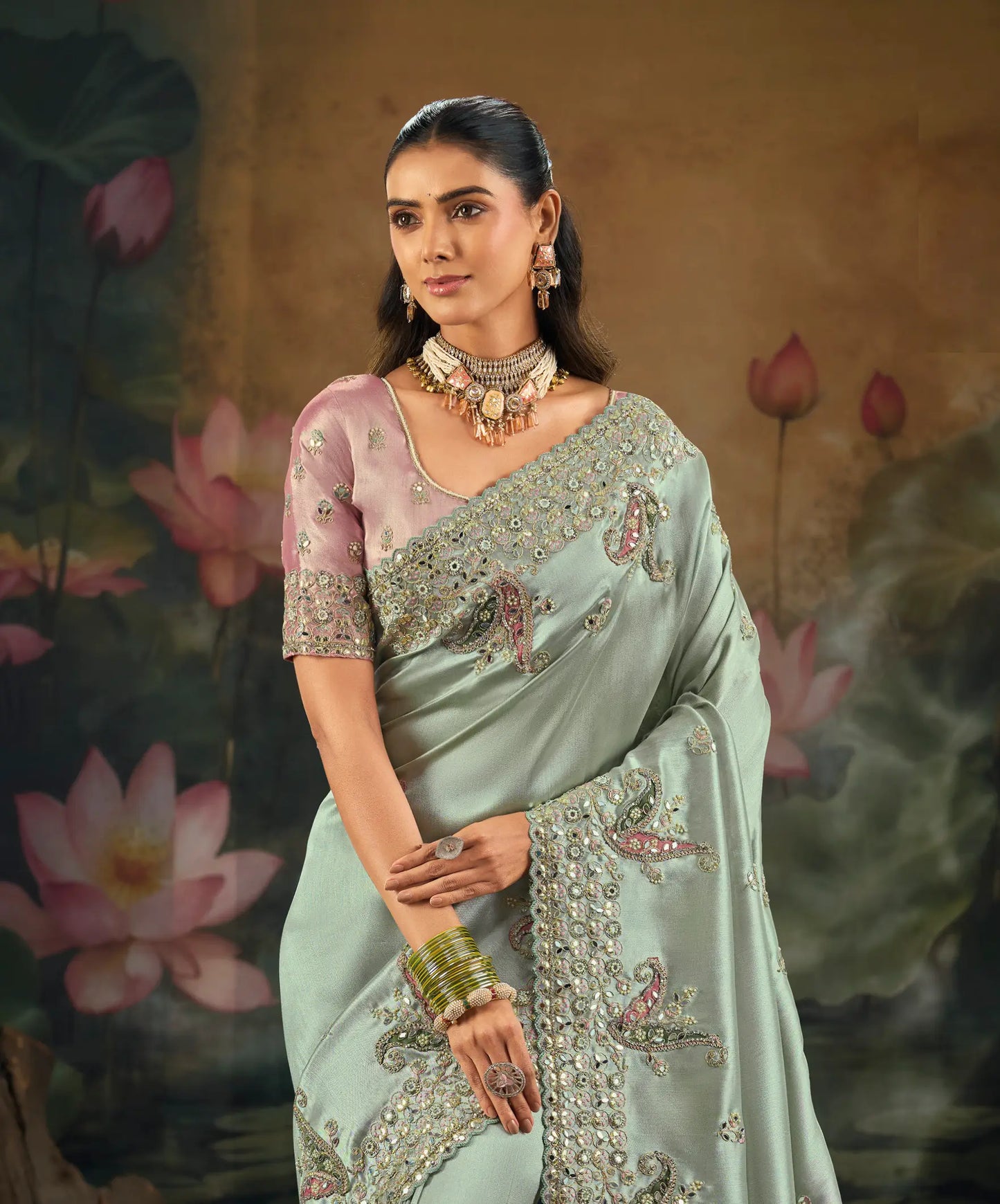 Powder Blue Silk Heavy Embroidery Saree