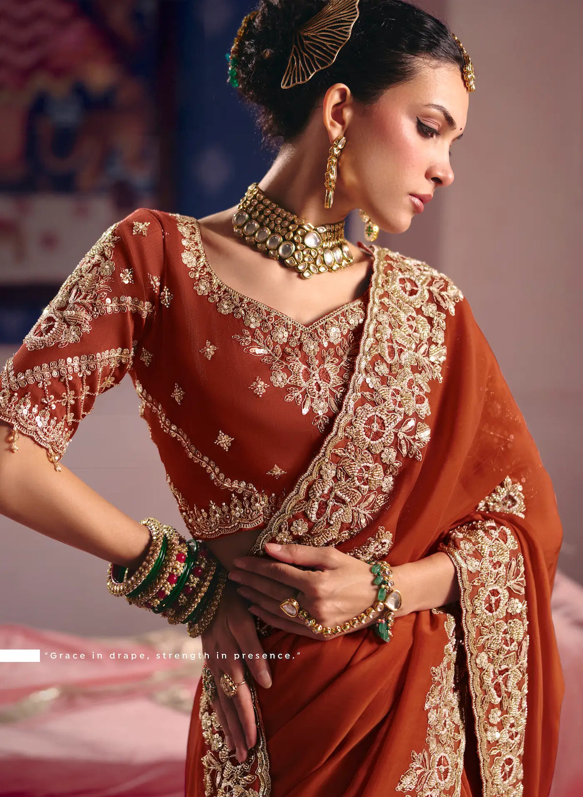 Rust Red Silk Heavy Embroidered Saree