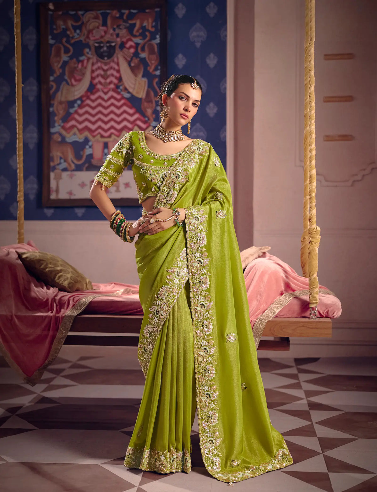 Parrot Green Silk Heavy Embroidered Saree