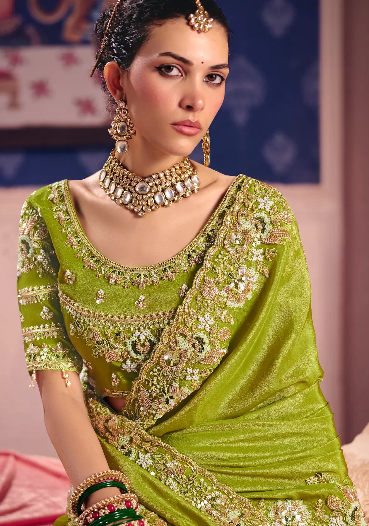 Parrot Green Silk Heavy Embroidered Saree
