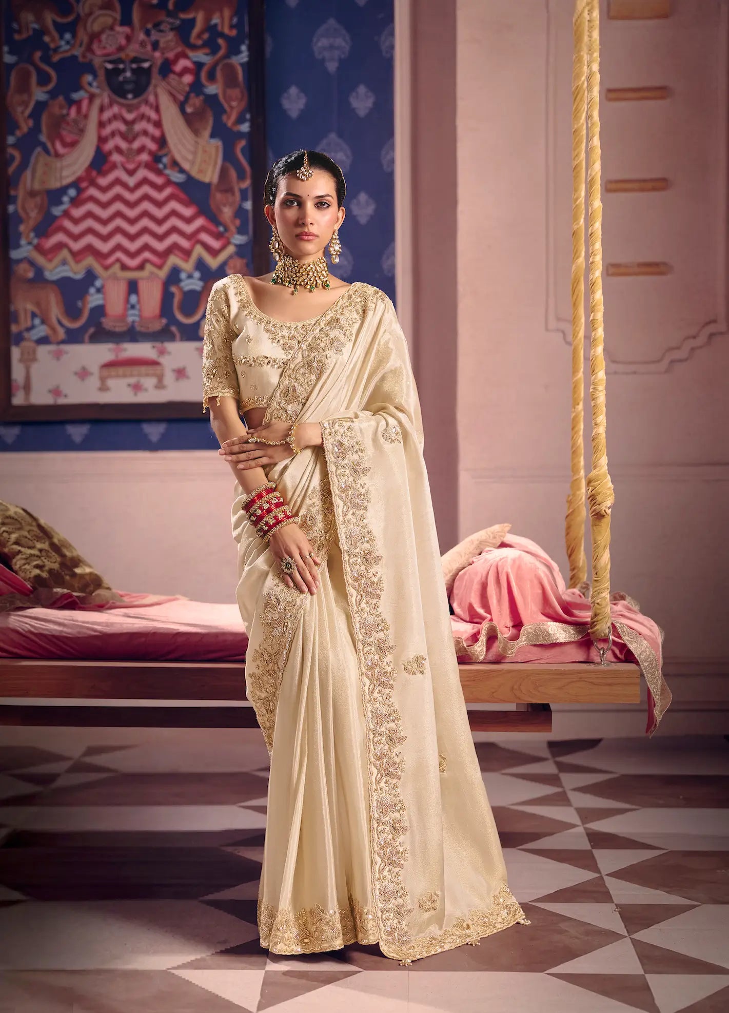 Ivory White Silk Heavy Embroidered Saree
