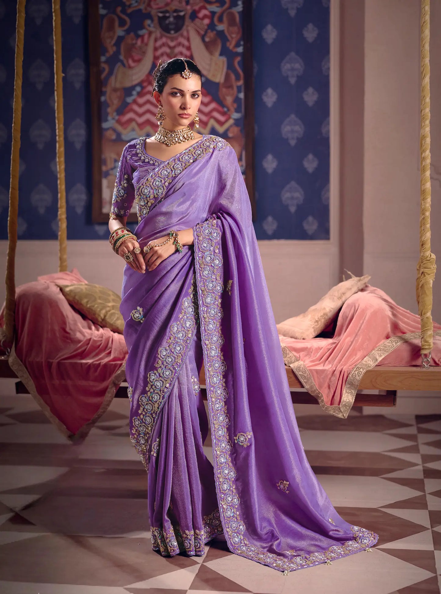 Lilac Purple Silk Heavy Embroidered Saree