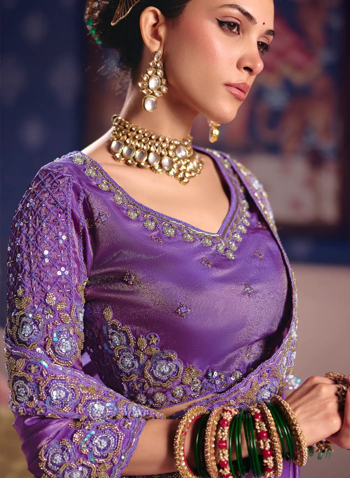 Lilac Purple Silk Heavy Embroidered Saree