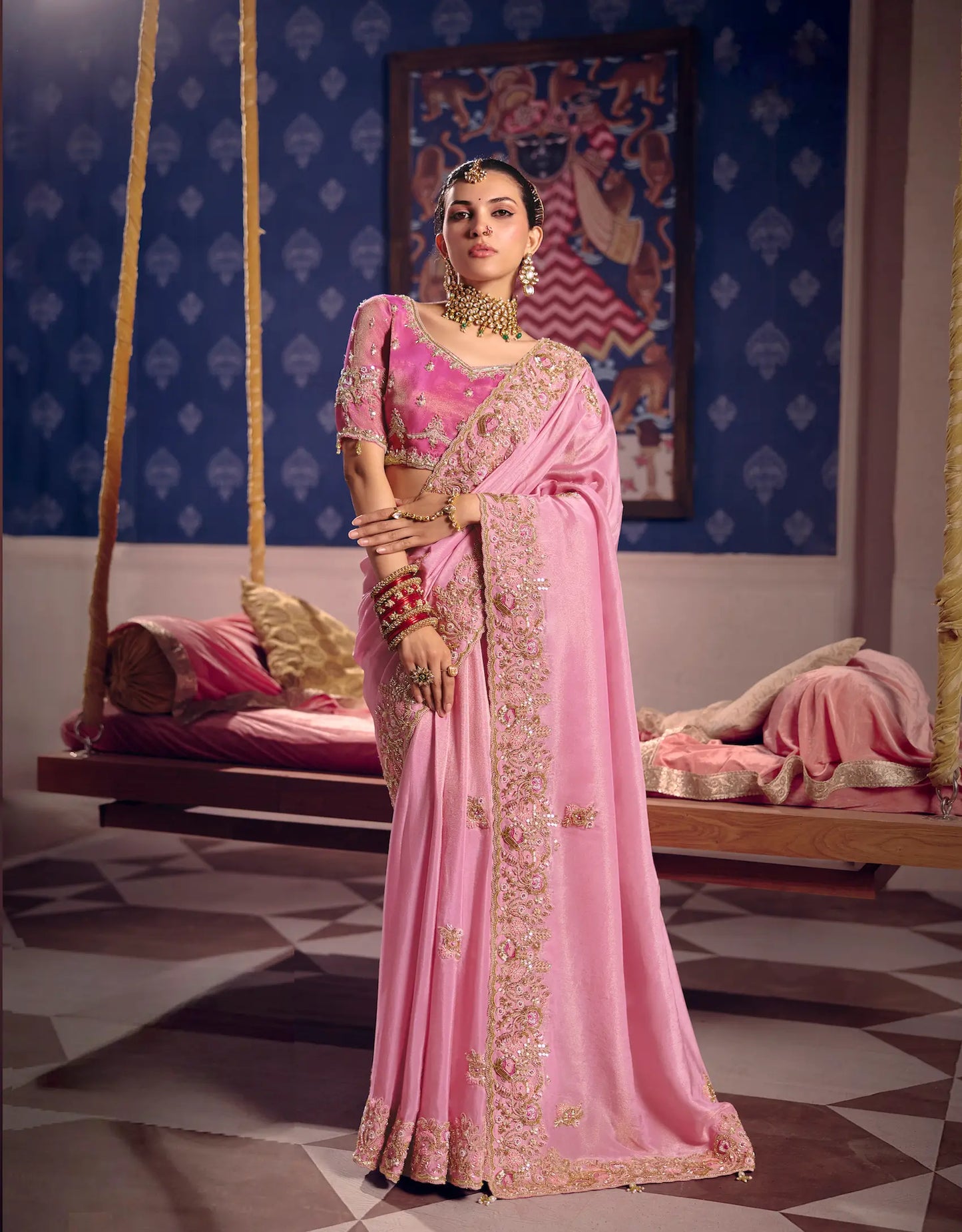Blossom Pink Silk Heavy Embroidered Saree