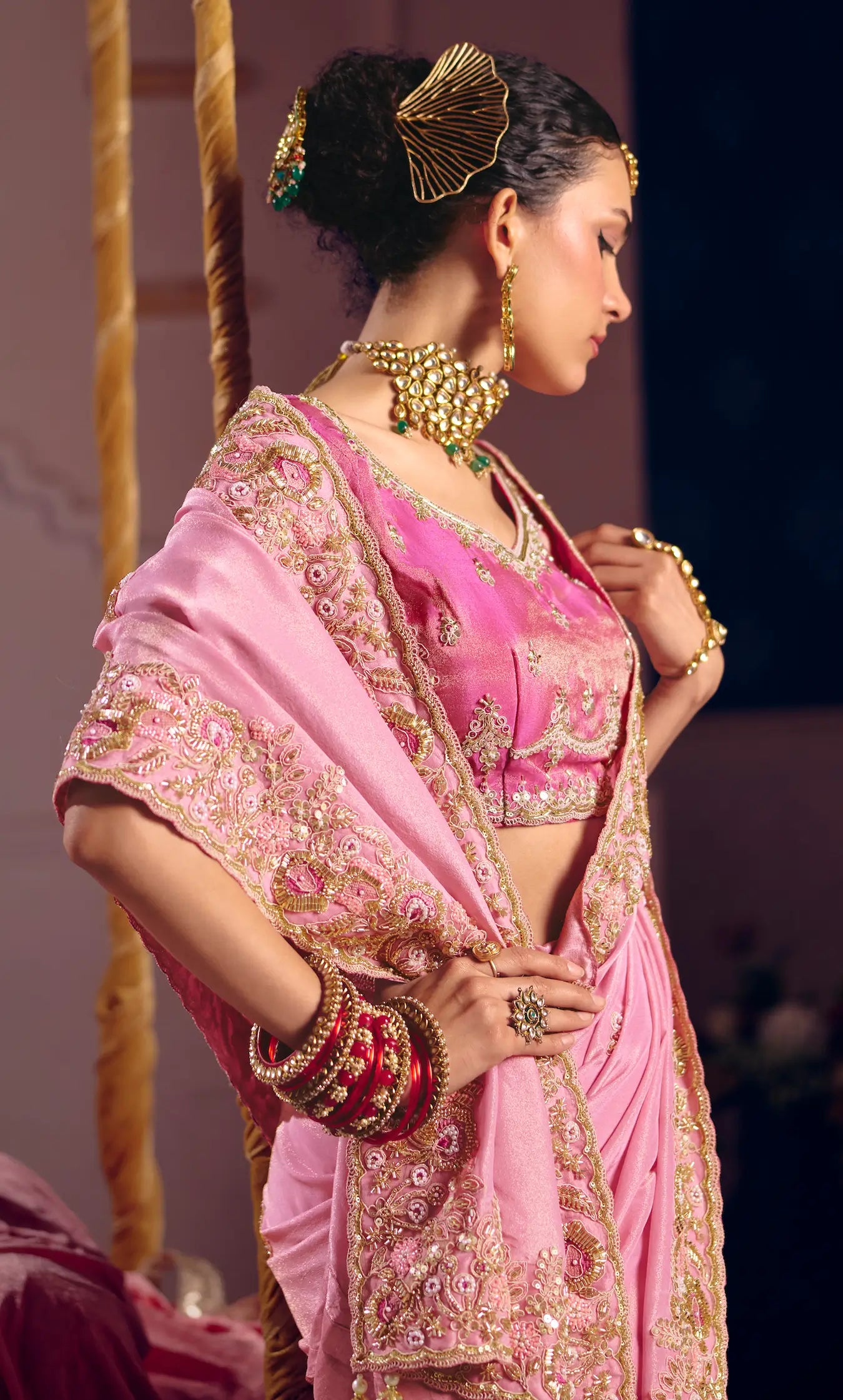 Blossom Pink Silk Heavy Embroidered Saree