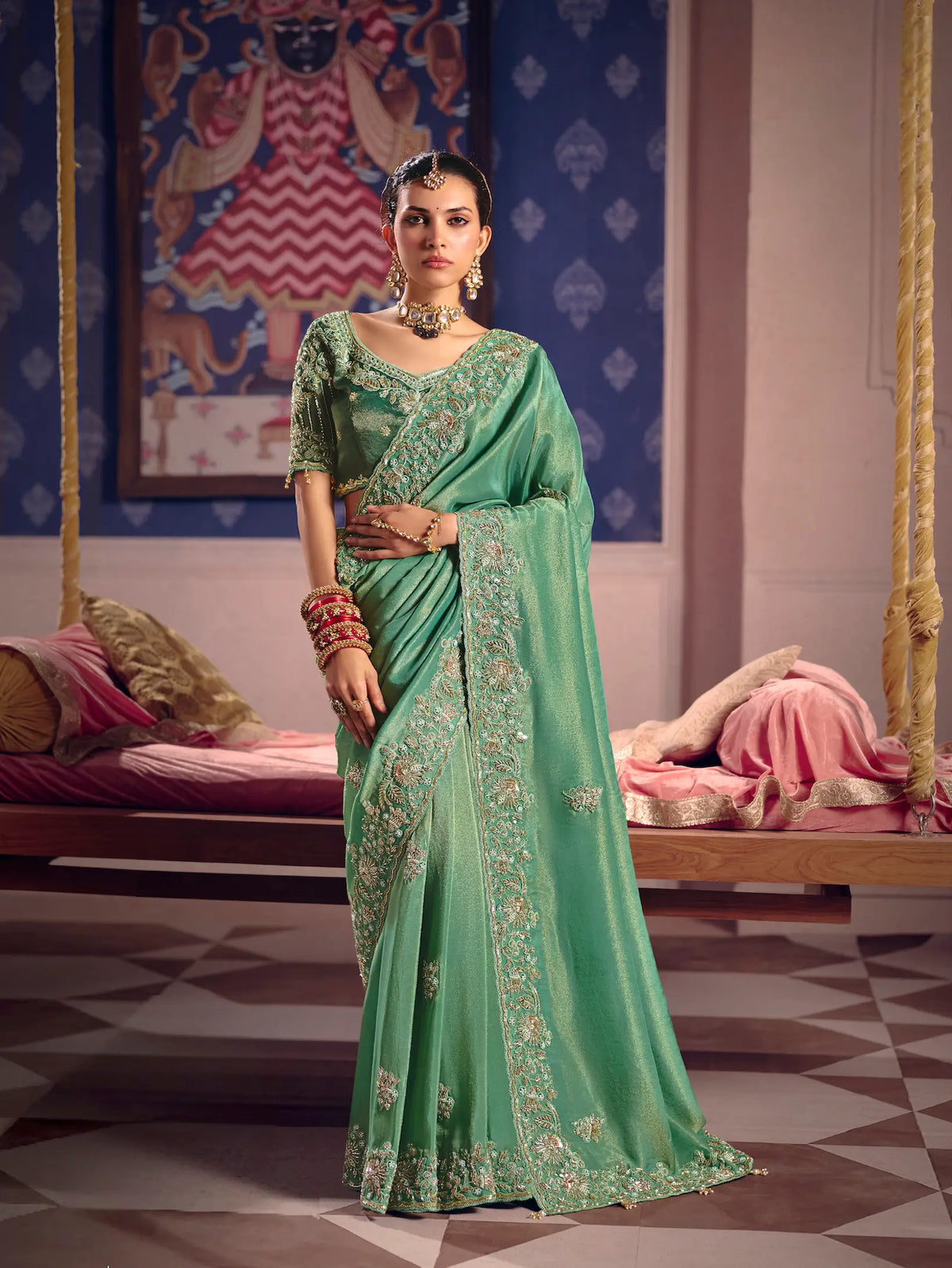 Mint Green Silk Heavy Embroidered Saree