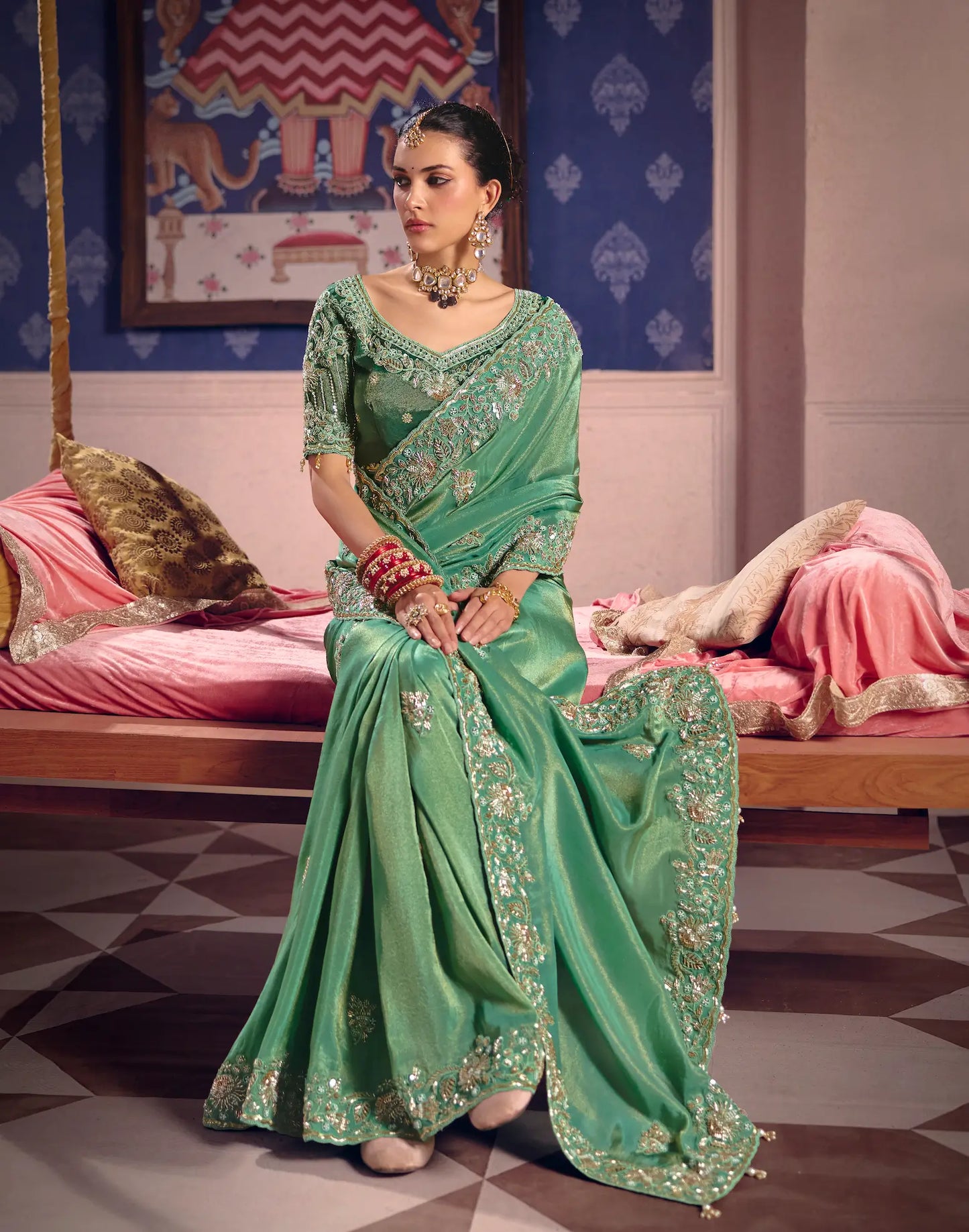 Mint Green Silk Heavy Embroidered Saree