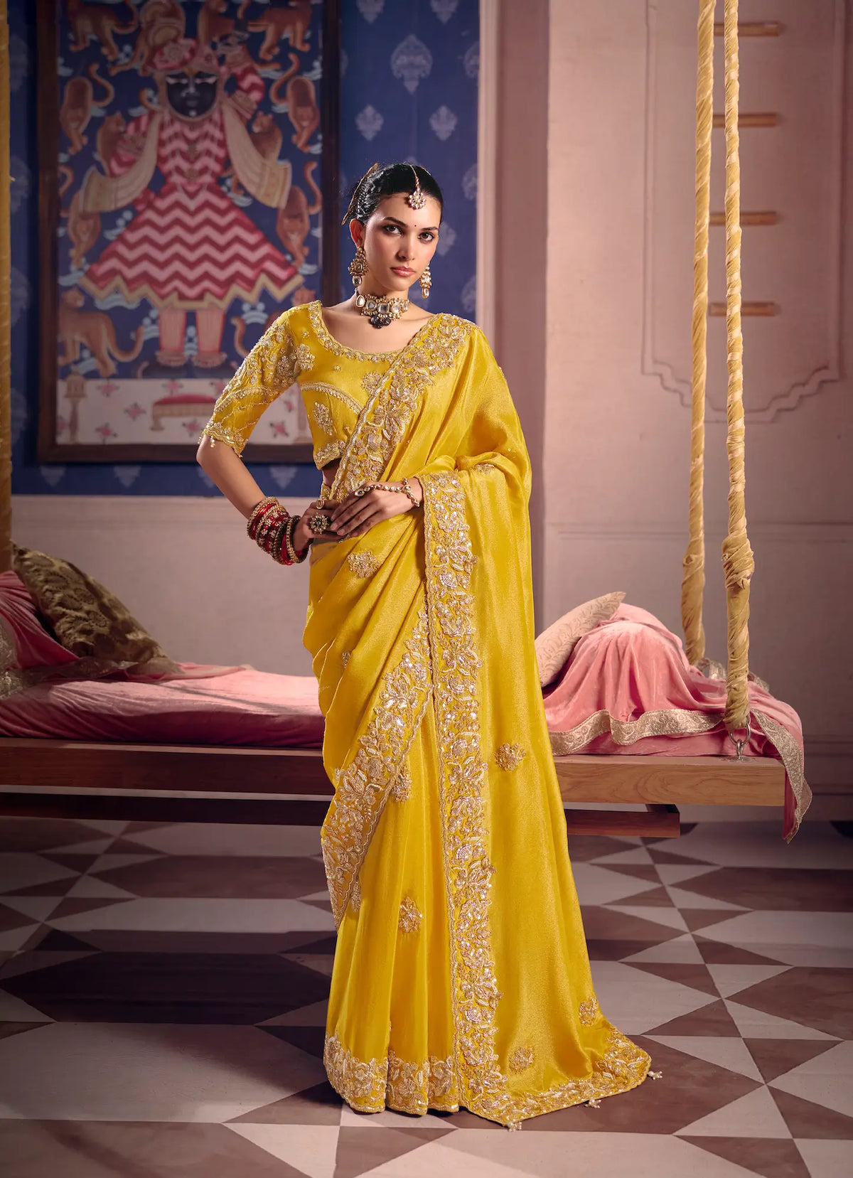 Deep Yellow Silk Heavy Embroidered Saree