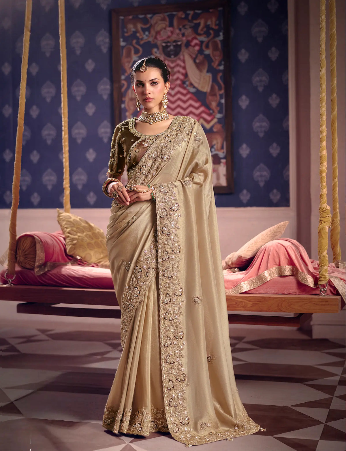 Golden Beige Silk Heavy Embroidered Saree