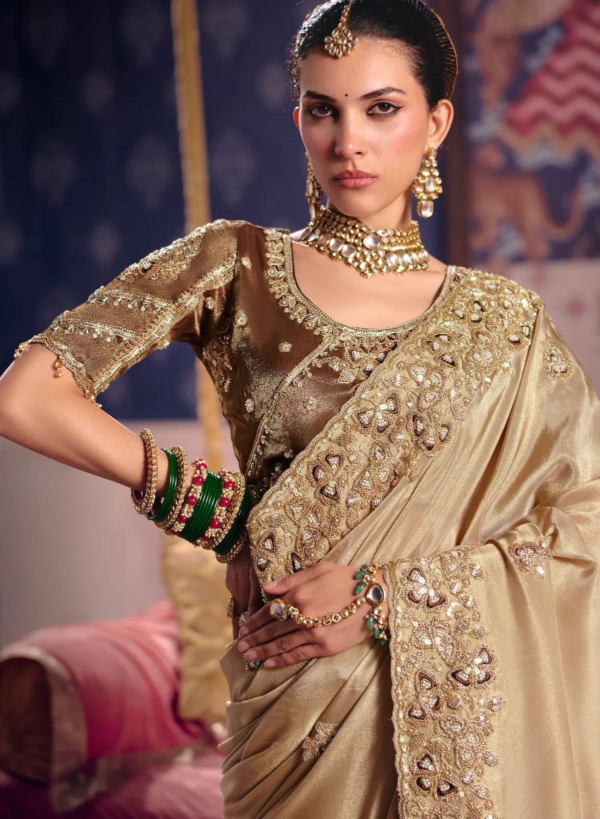Golden Beige Silk Heavy Embroidered Saree