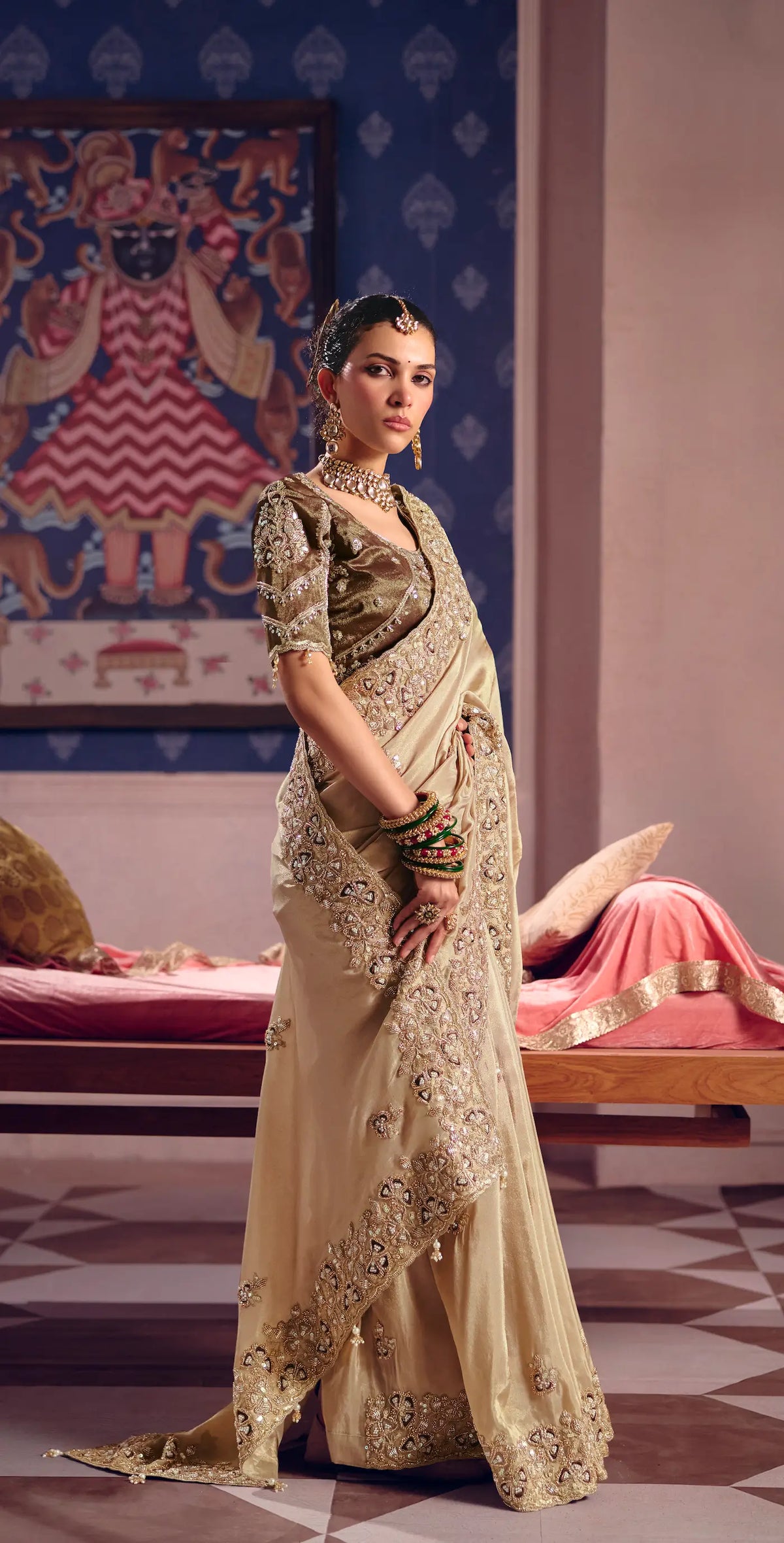 Golden Beige Silk Heavy Embroidered Saree