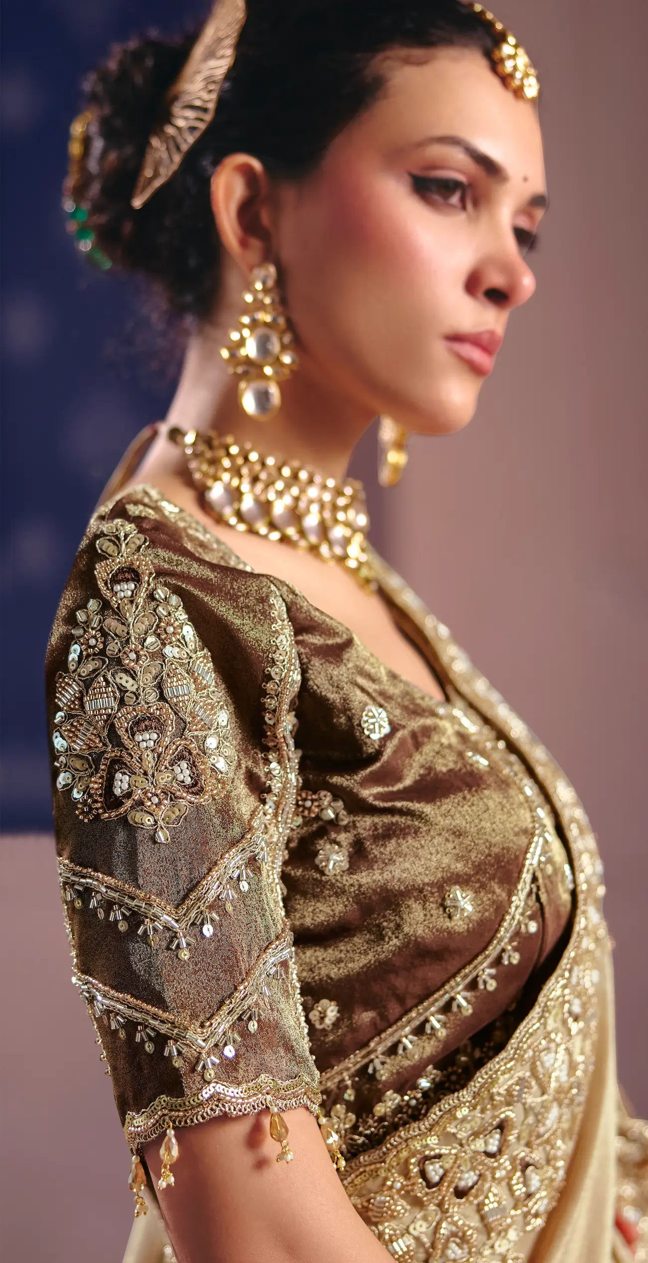 Golden Beige Silk Heavy Embroidered Saree