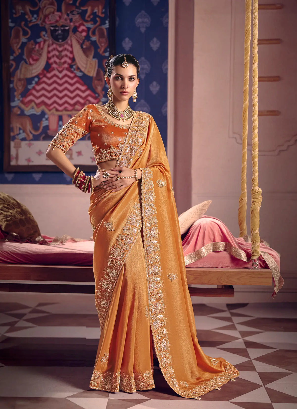 Sunrise Orange Silk Heavy Embroidered Saree
