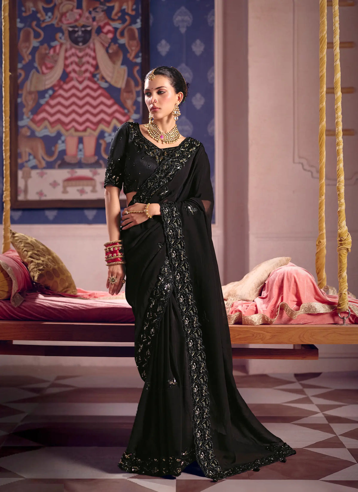 Midnight Black Silk Heavy Embroidered Saree