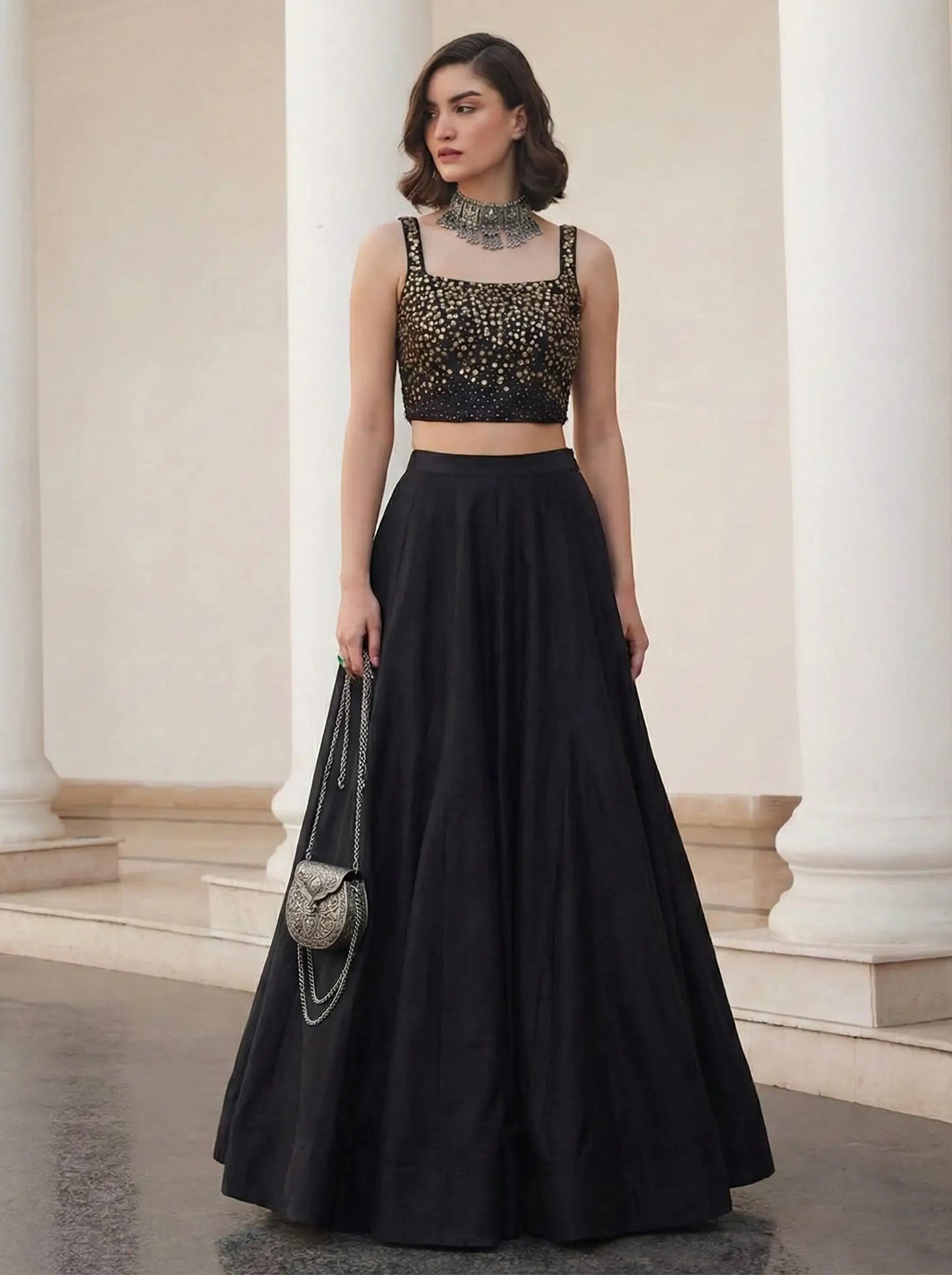 Designer Black Silk Beaded Indo Western
