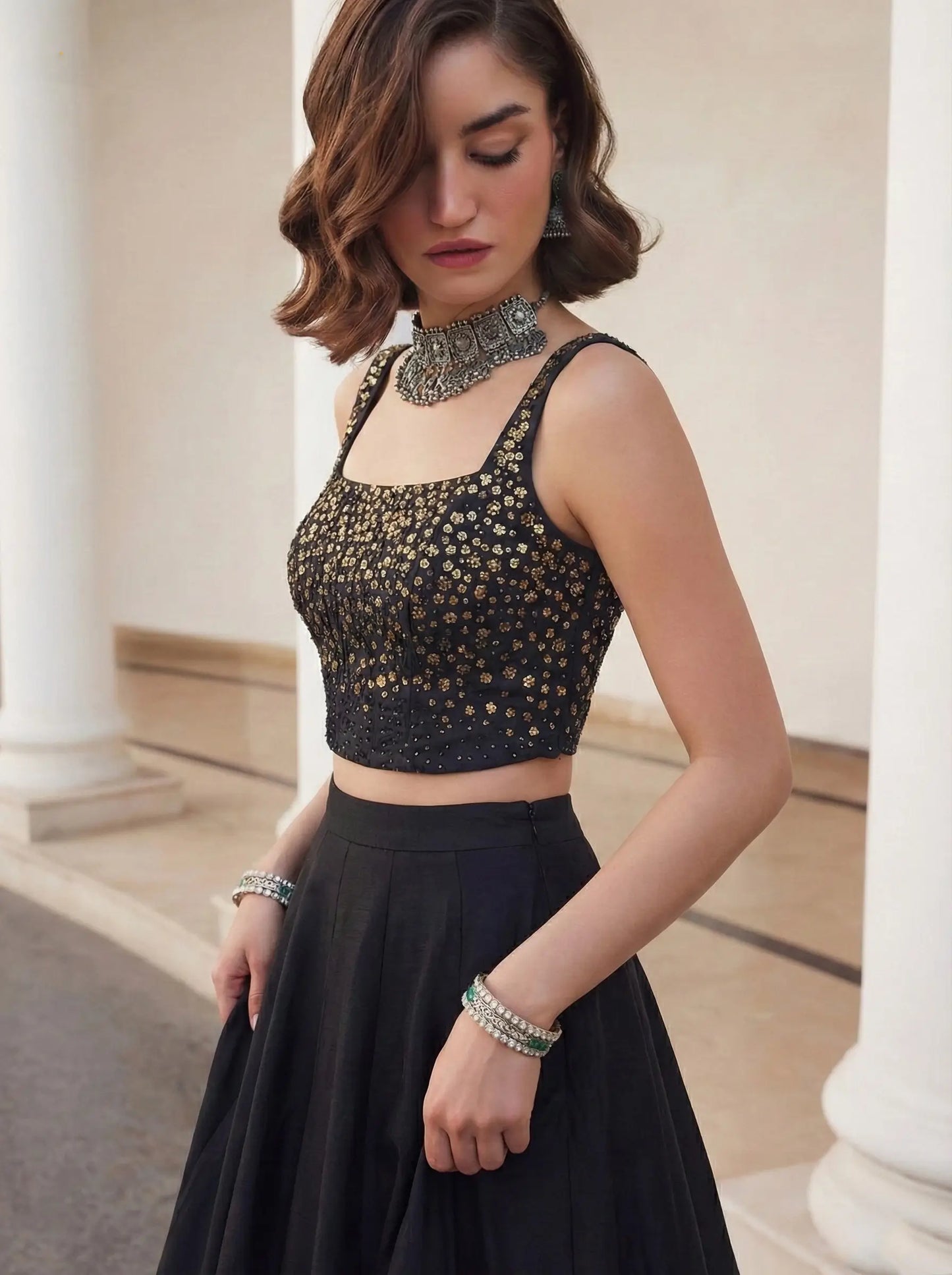 Designer Black Silk Beaded Indo Western