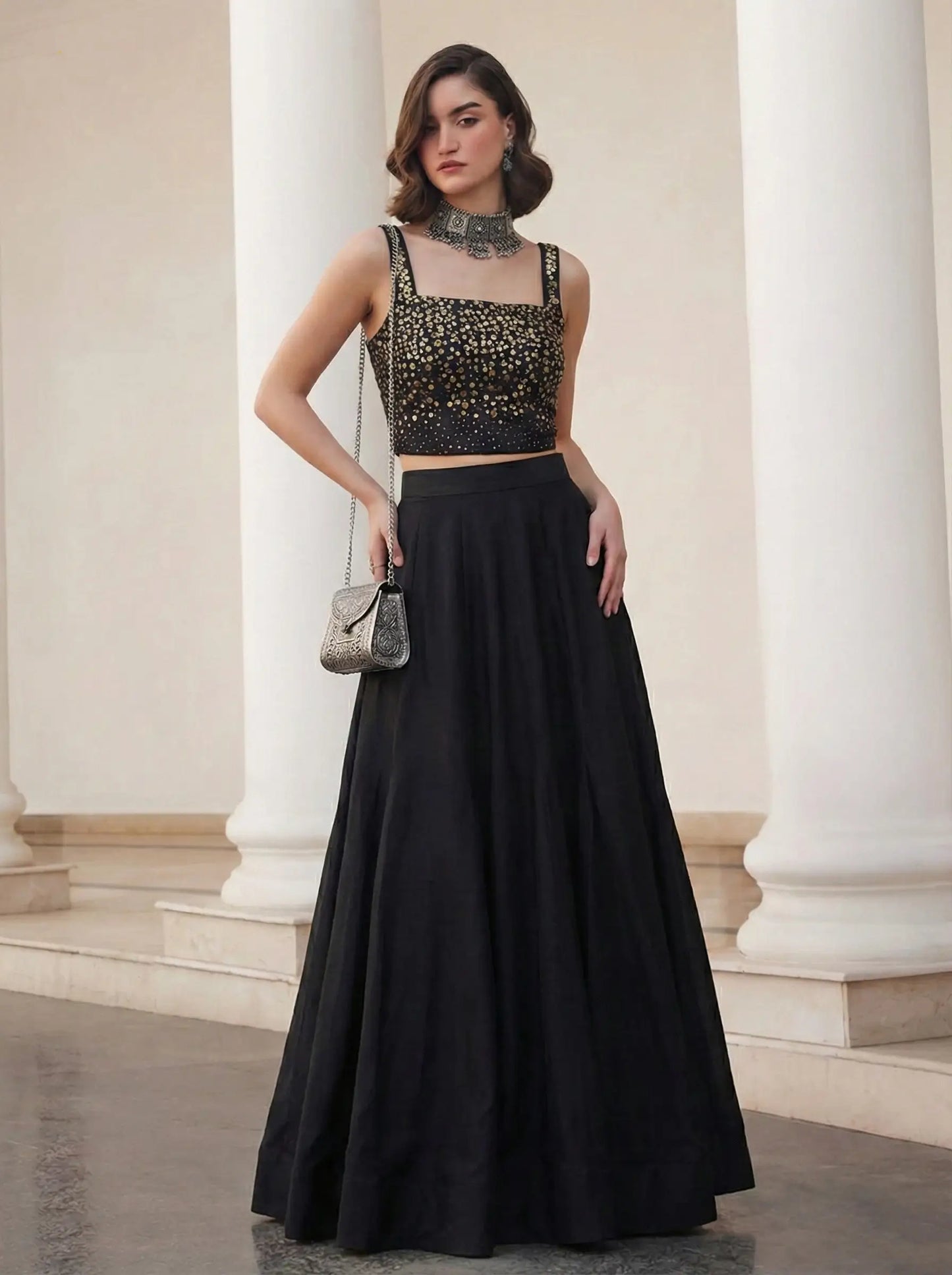 Designer Black Silk Beaded Indo Western