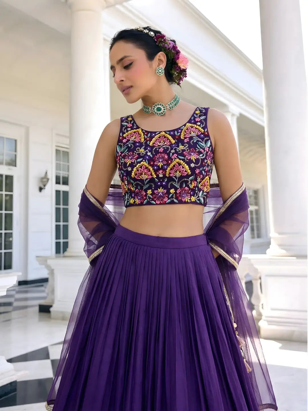 Dark Purple Embroidered Silk Lehenga