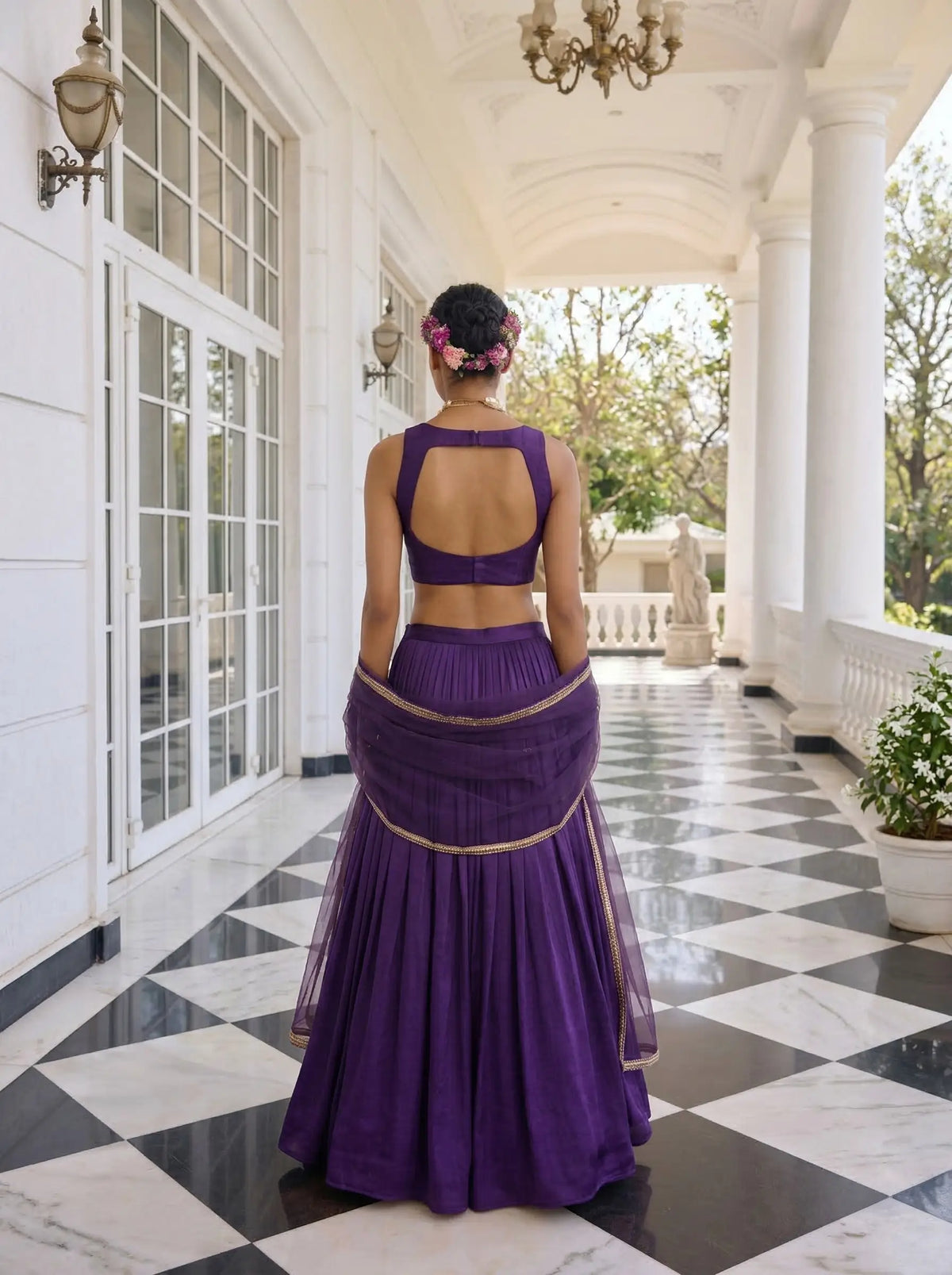 Dark Purple Embroidered Silk Lehenga