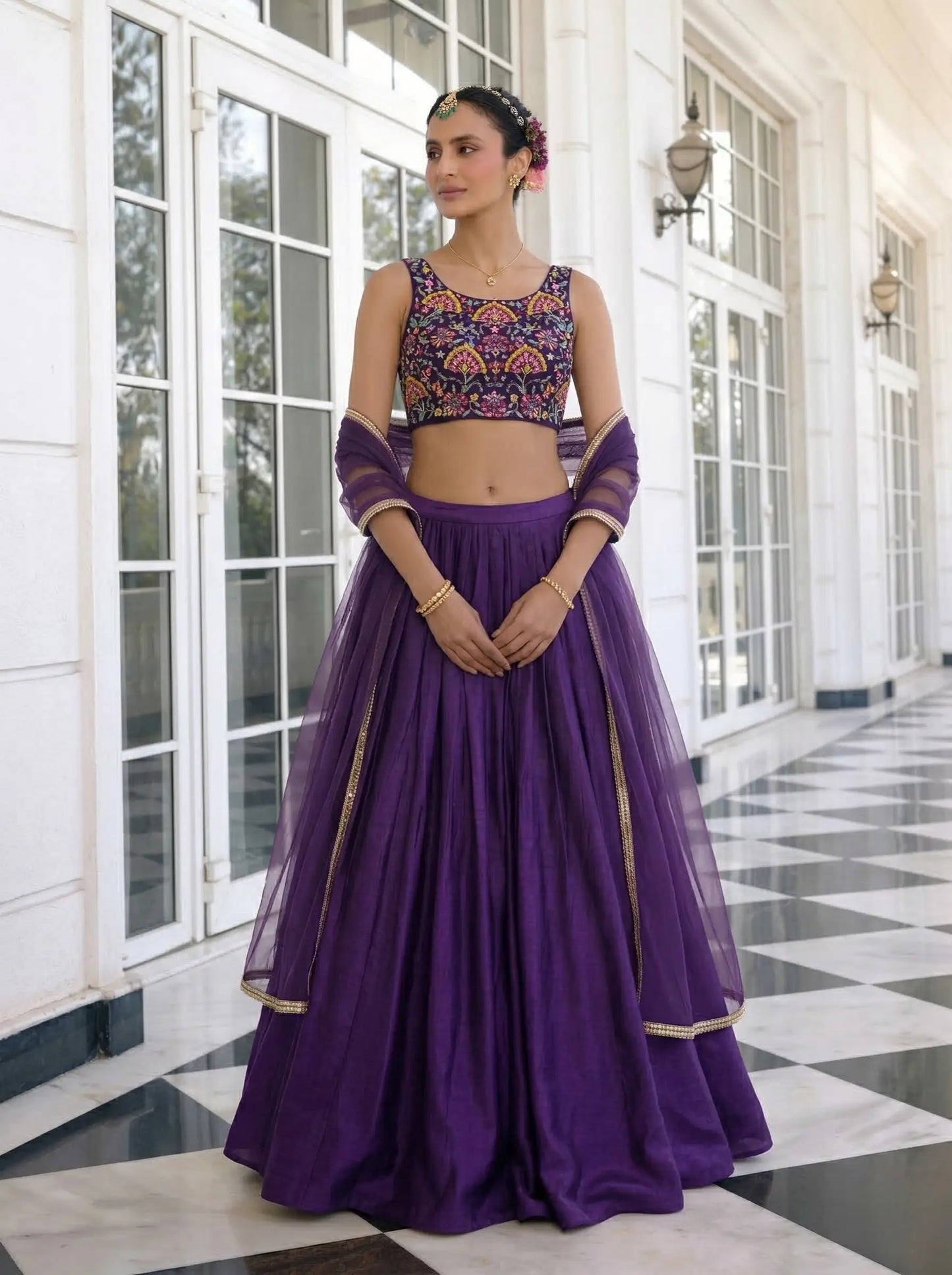 Dark Purple Embroidered Silk Lehenga