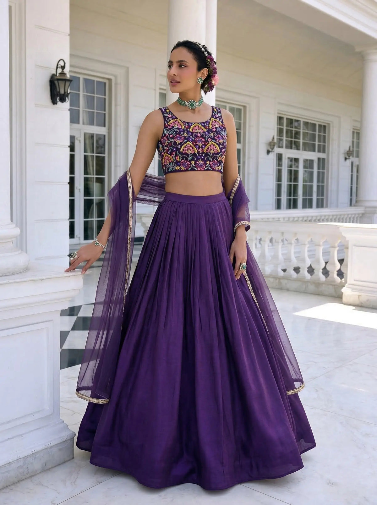 Dark Purple Embroidered Silk Lehenga
