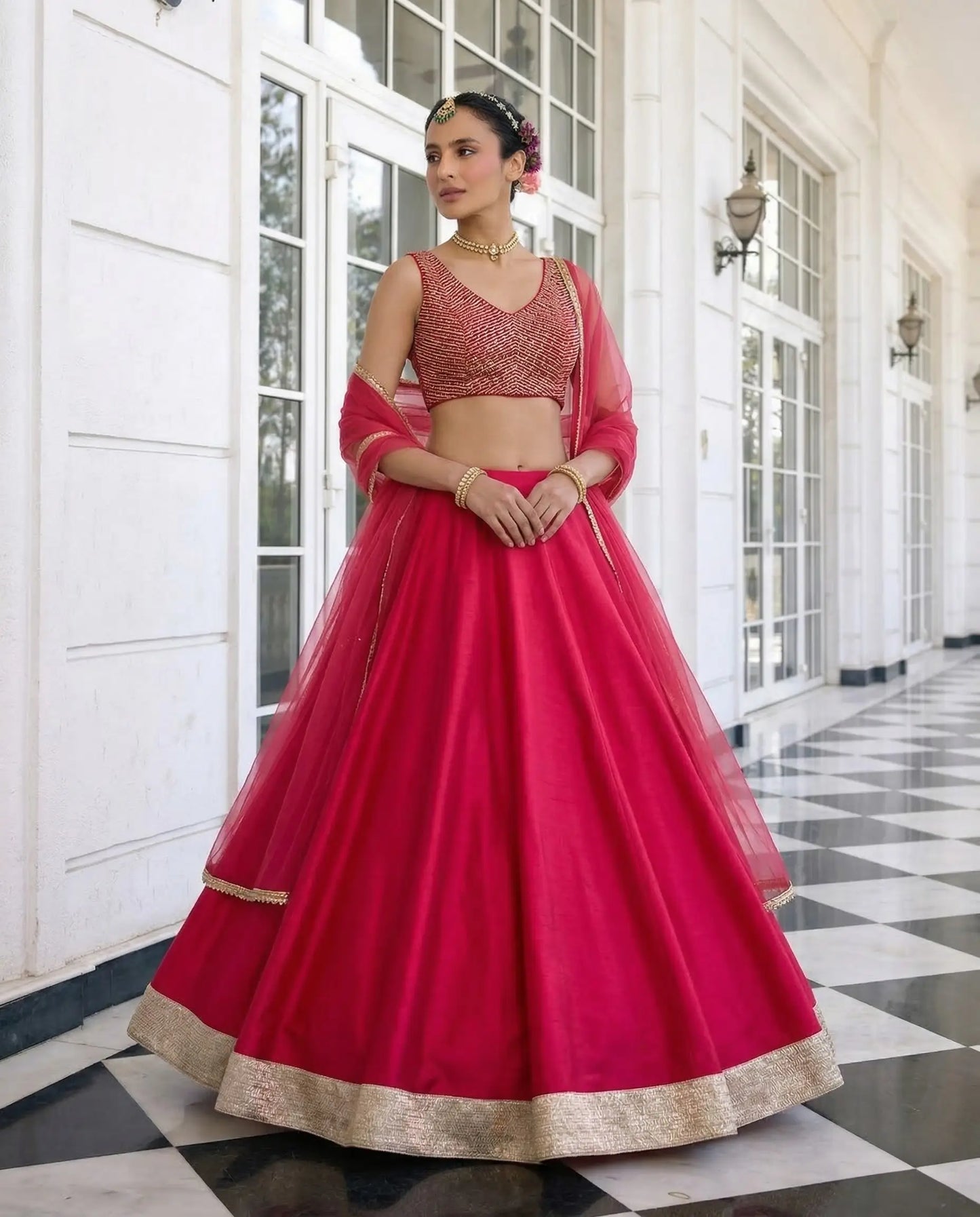 Paprika Red Embroidered Silk Lehenga