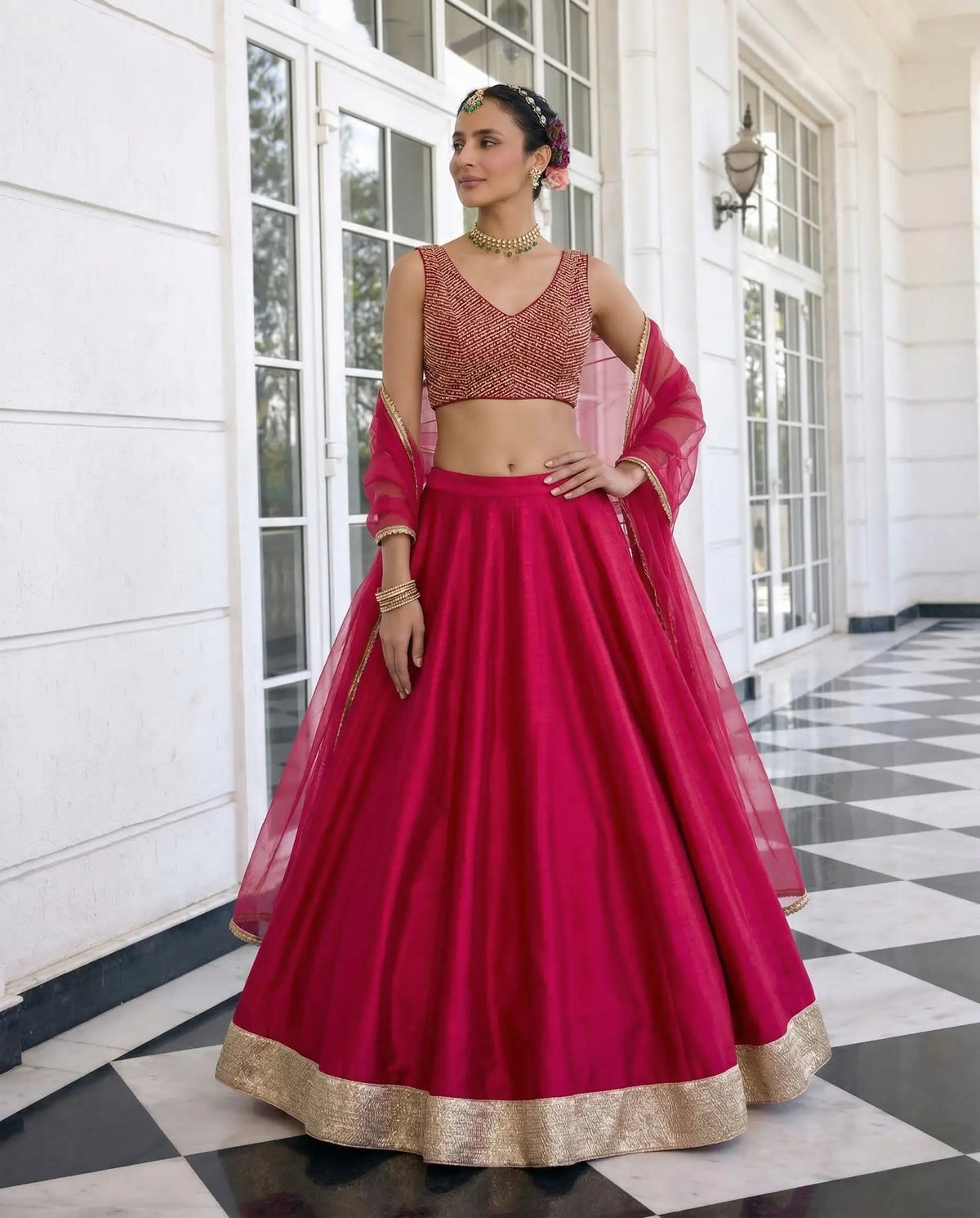 Paprika Red Embroidered Silk Lehenga