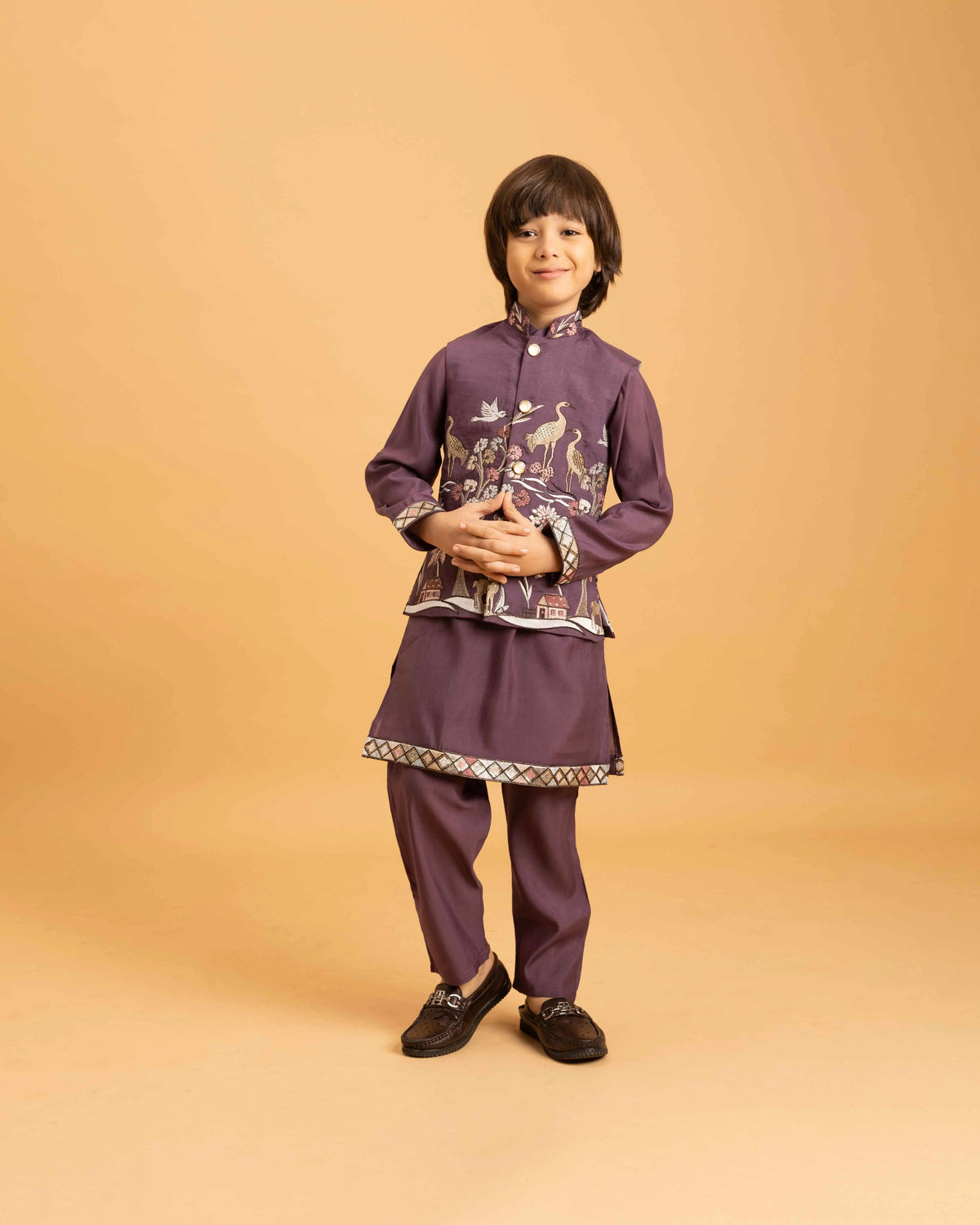 Purple Thread Sequins Embroidery Work Kurta Set With Koti