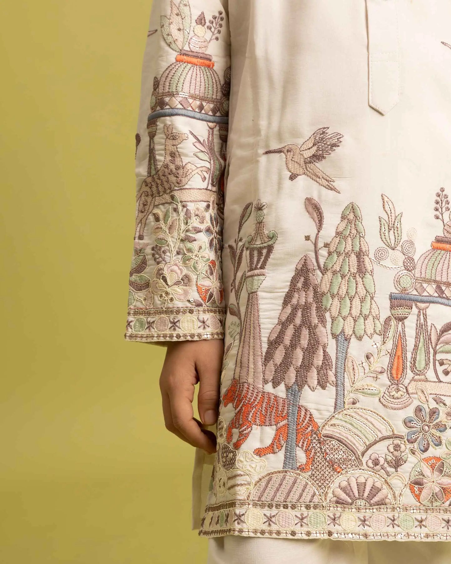 White Thread Sequins Embroidery Work Kids Kurta Set