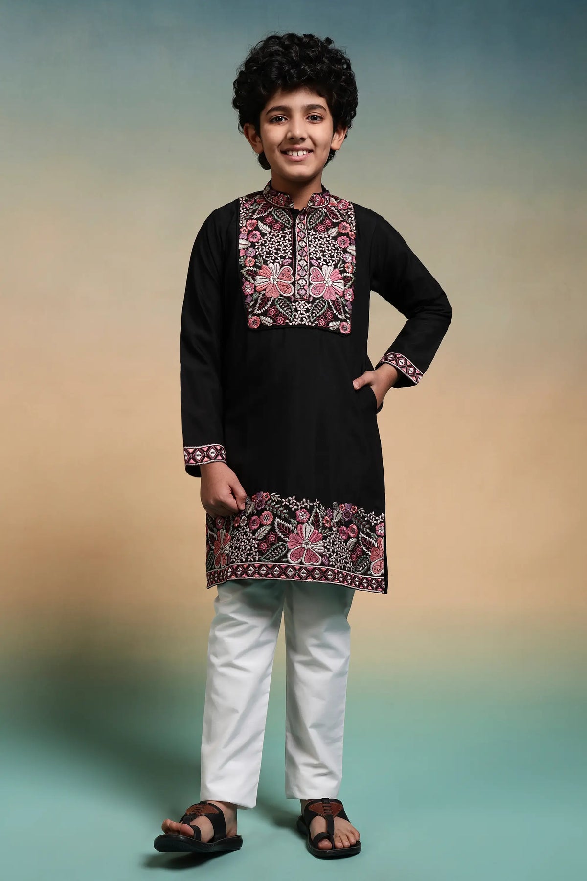 Black Embroidery Work Kids Kurta Set