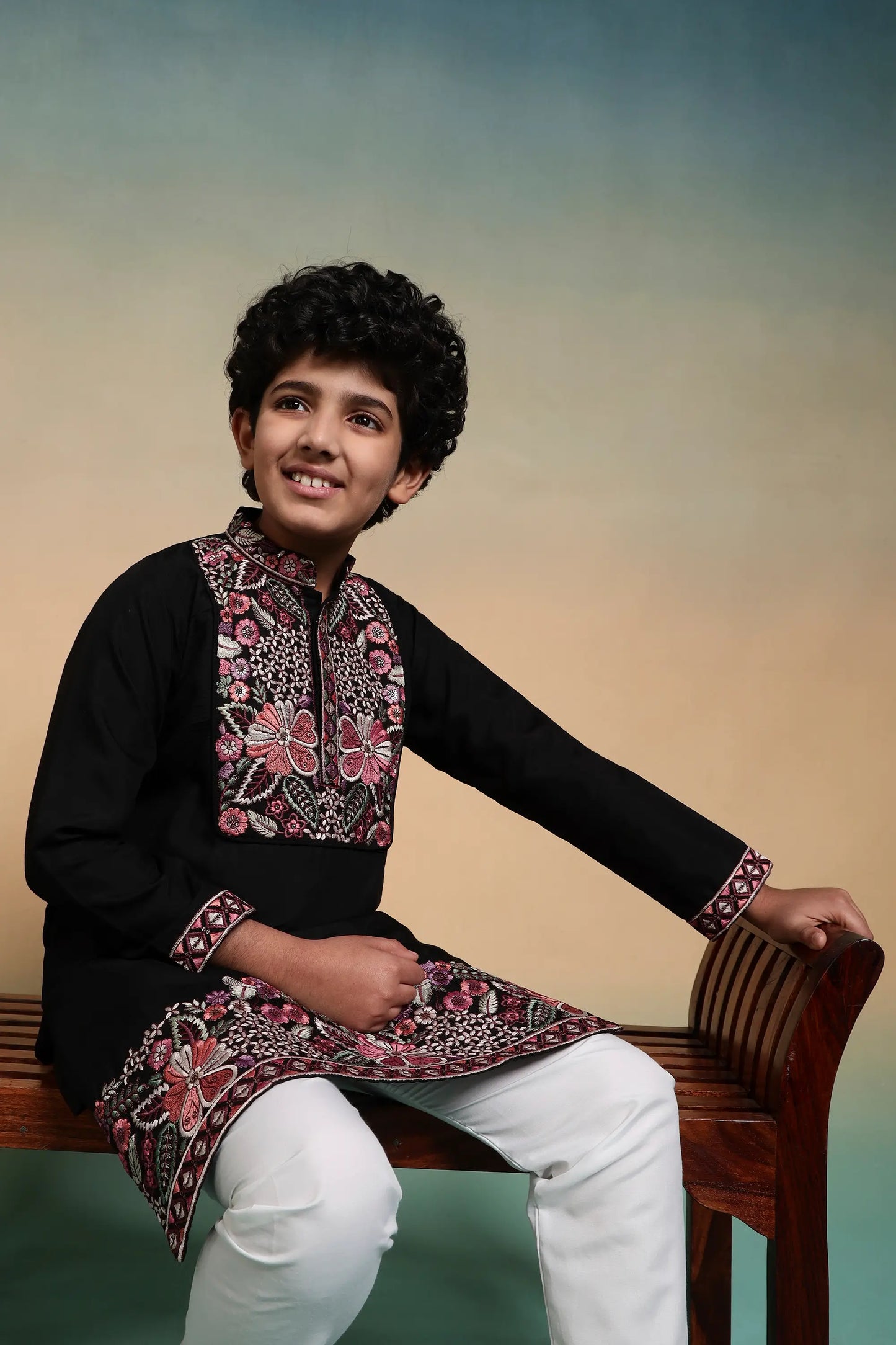 Black Embroidery Work Kids Kurta Set