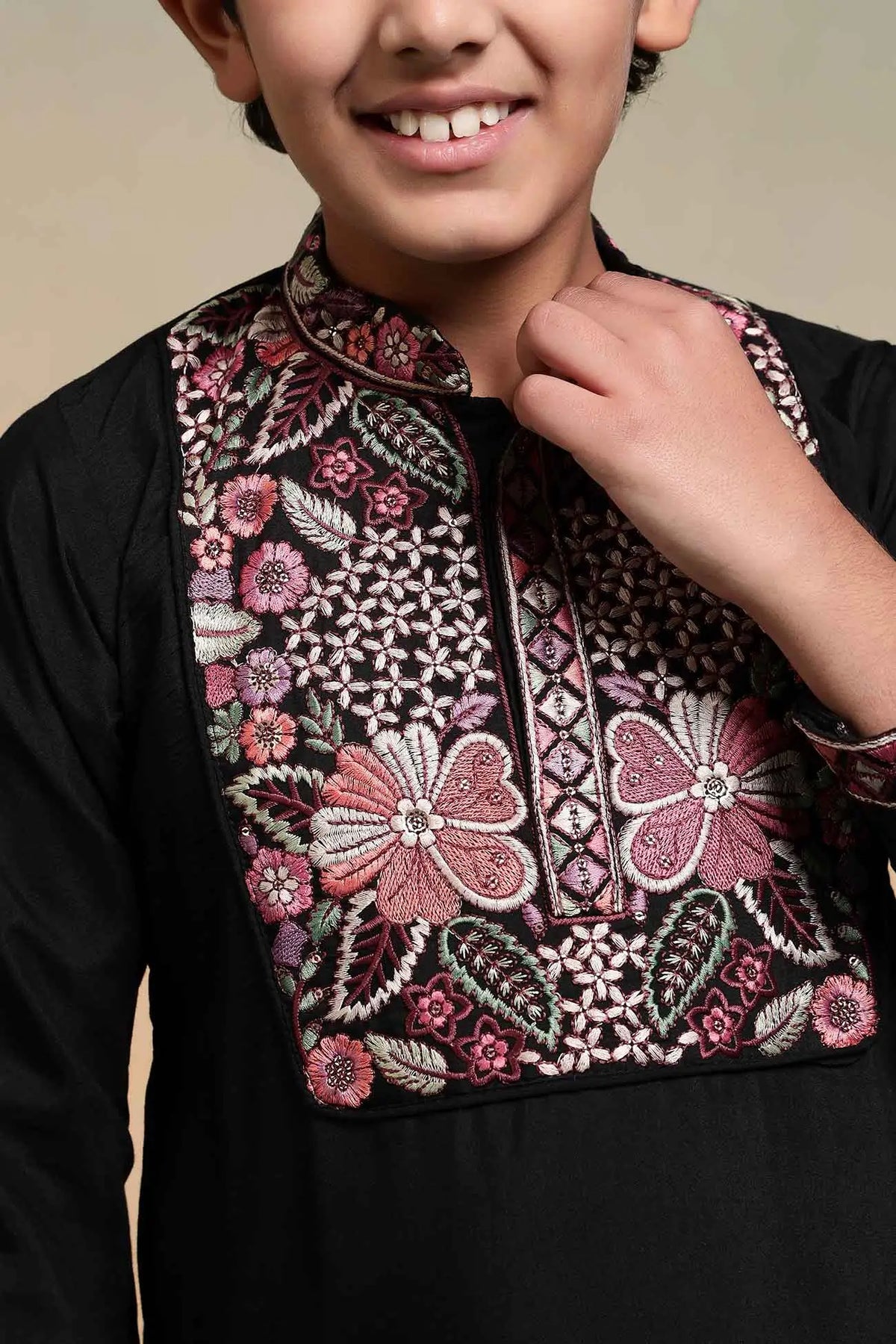 Black Embroidery Work Kids Kurta Set