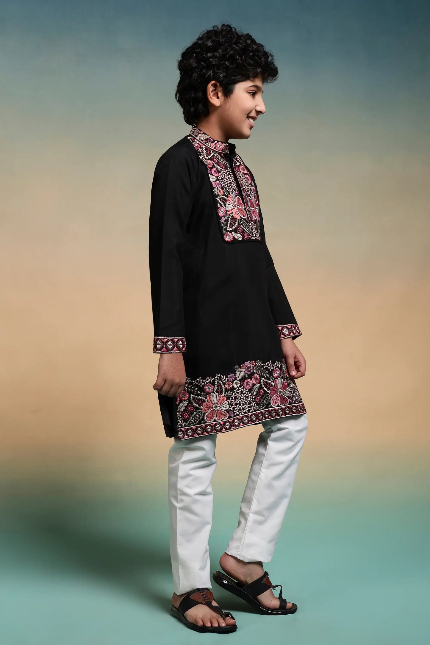 Black Embroidery Work Kids Kurta Set